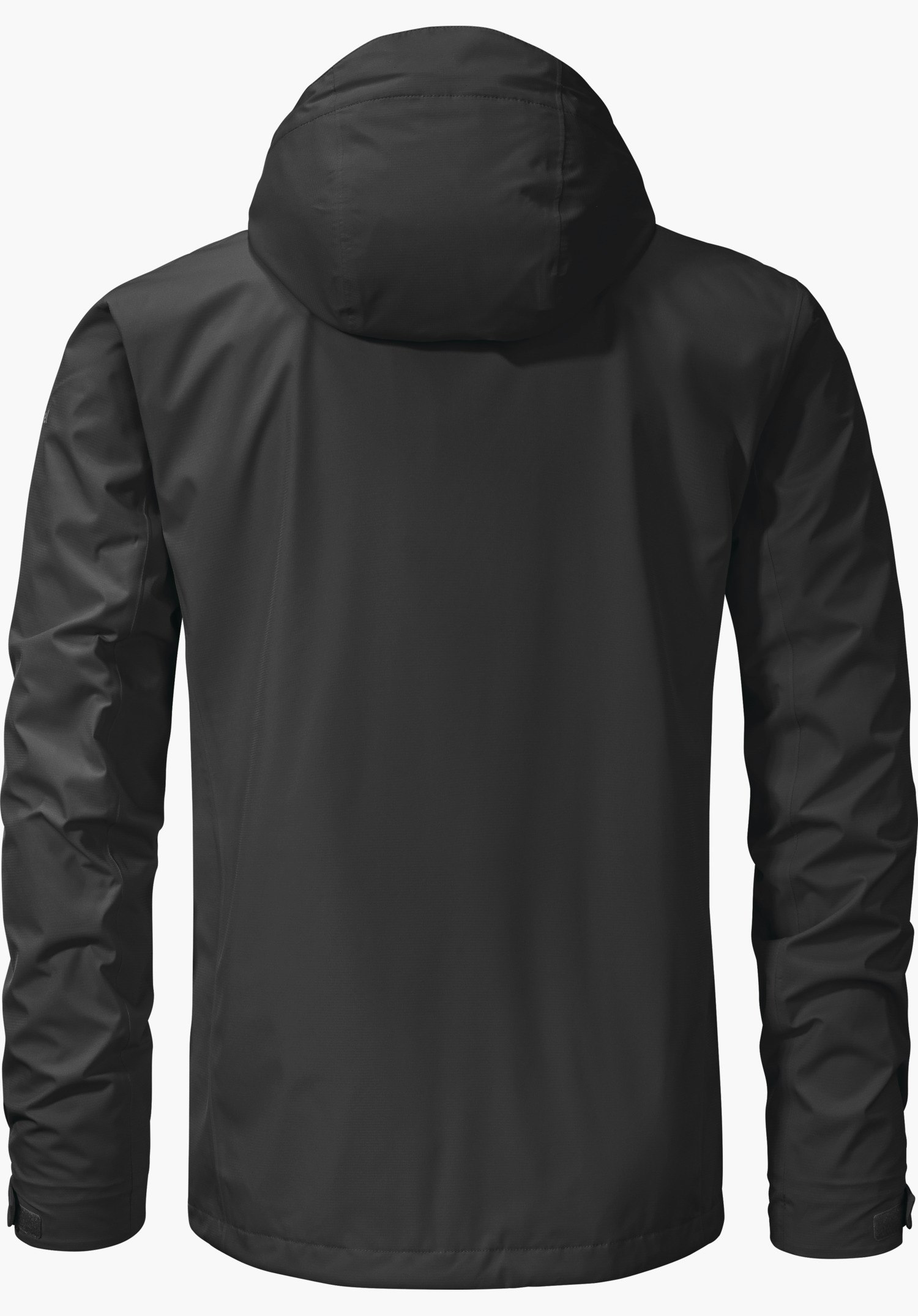 Jacket Gmund M black jacket with hood, rear view; smooth water-repellent surface, long sleeves with Velcro fastening, freestanding against a light grey background.