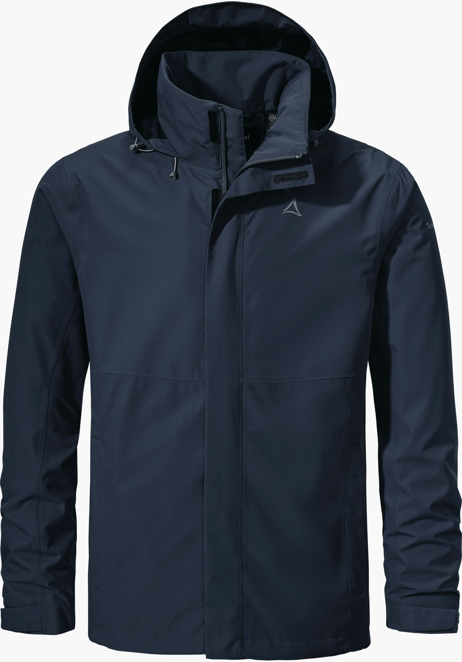 Jacket Gmund M Dunkelblaue Regenjacke, mit aufgesetzter Kapuze und geschlossenem Reißverschluss; hellgraues Schöffel-Logo auf der Brust; gerade geschnitten, vor weißem Hintergrund. Schriftzug: "Schöffel" auf Ärmel.