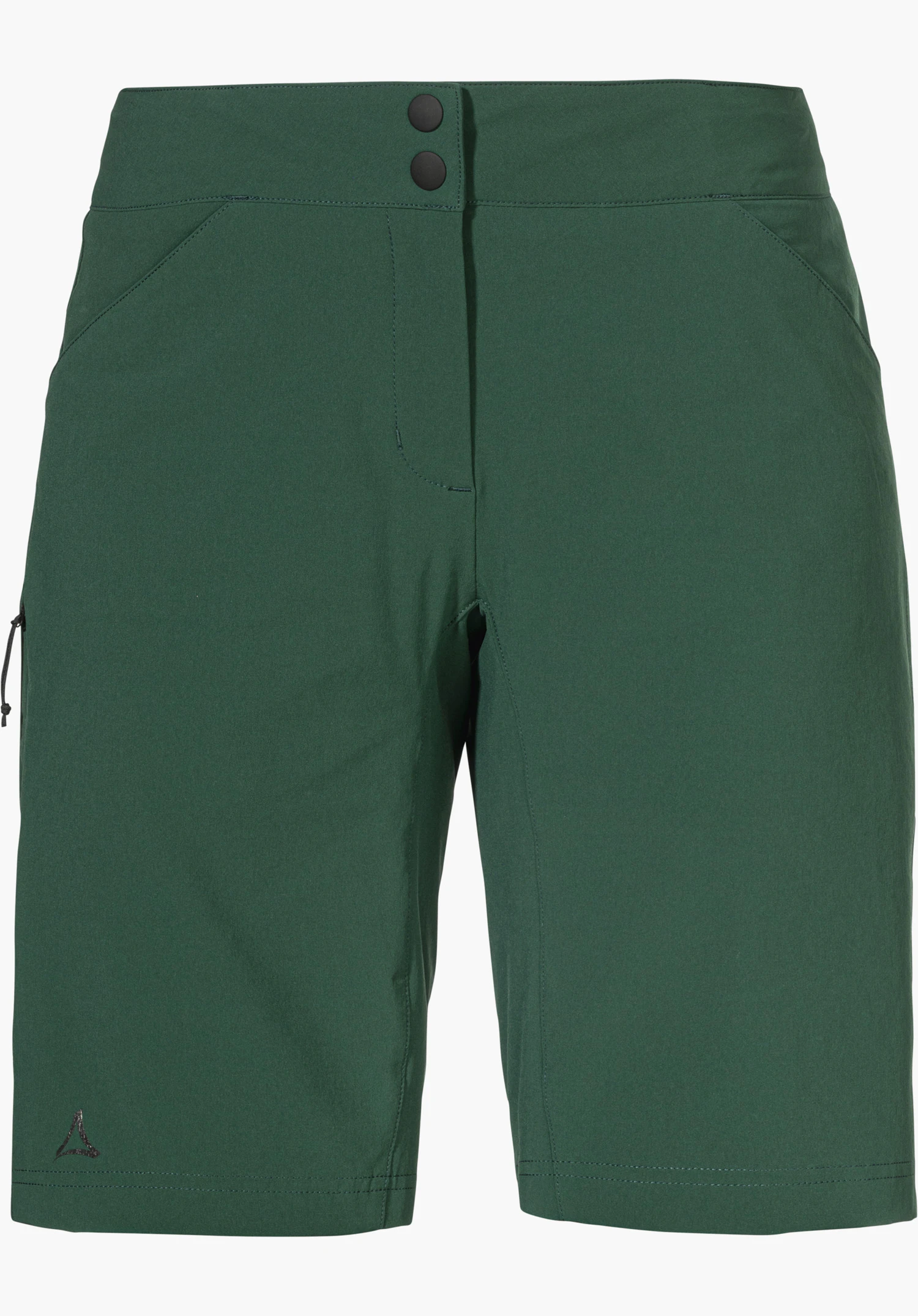 Shorts Danube L in Grün mit zwei schwarzen Druckknöpfen am Bund und einem Schöffel-Logo am unteren linken Beinabschluss, freigestellt vor weißem Hintergrund.