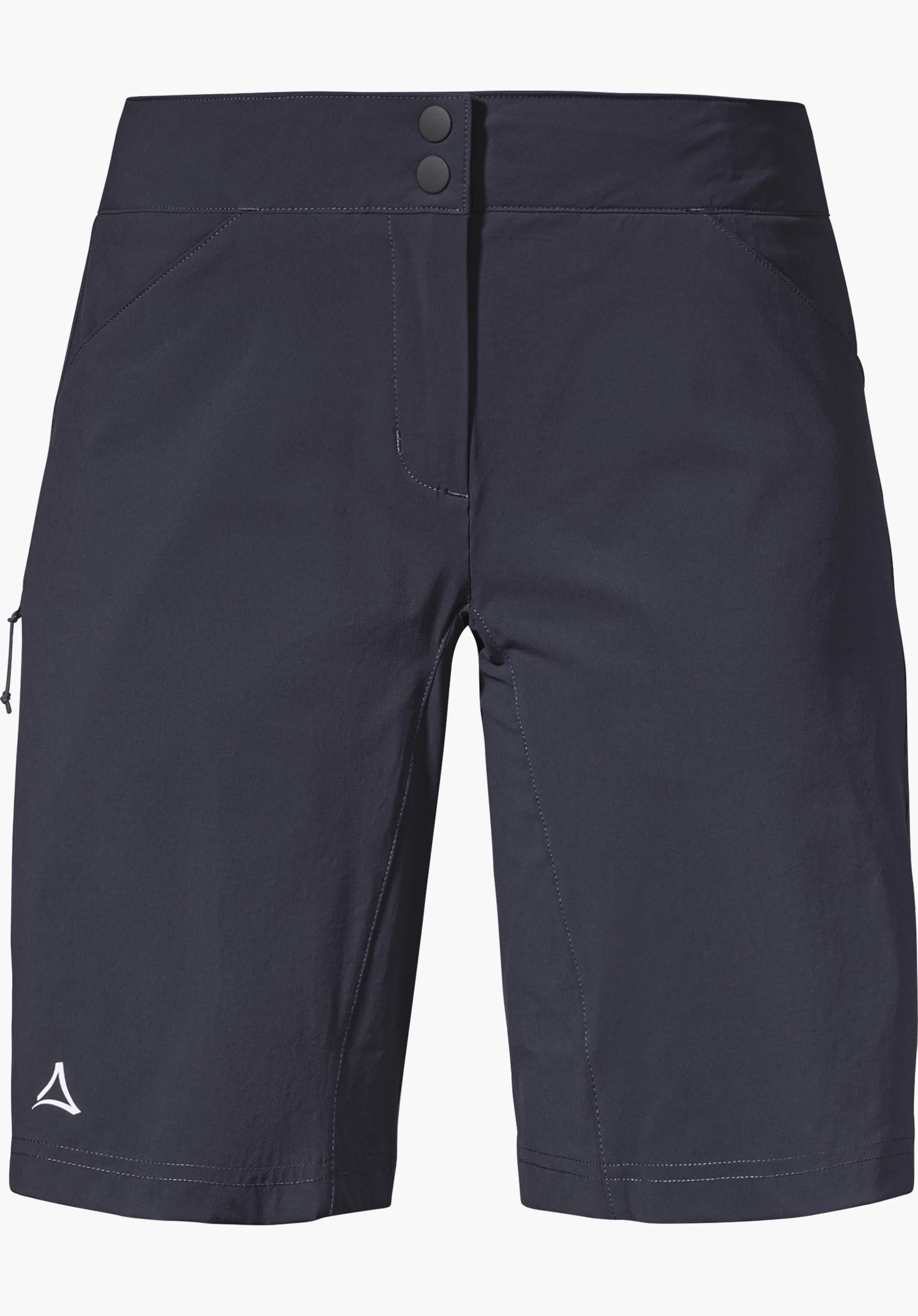 Shorts Danube L in blue, featuring two snap buttons on the waistband and a white Schöffel logo on the lower leg, isolated against a white background.