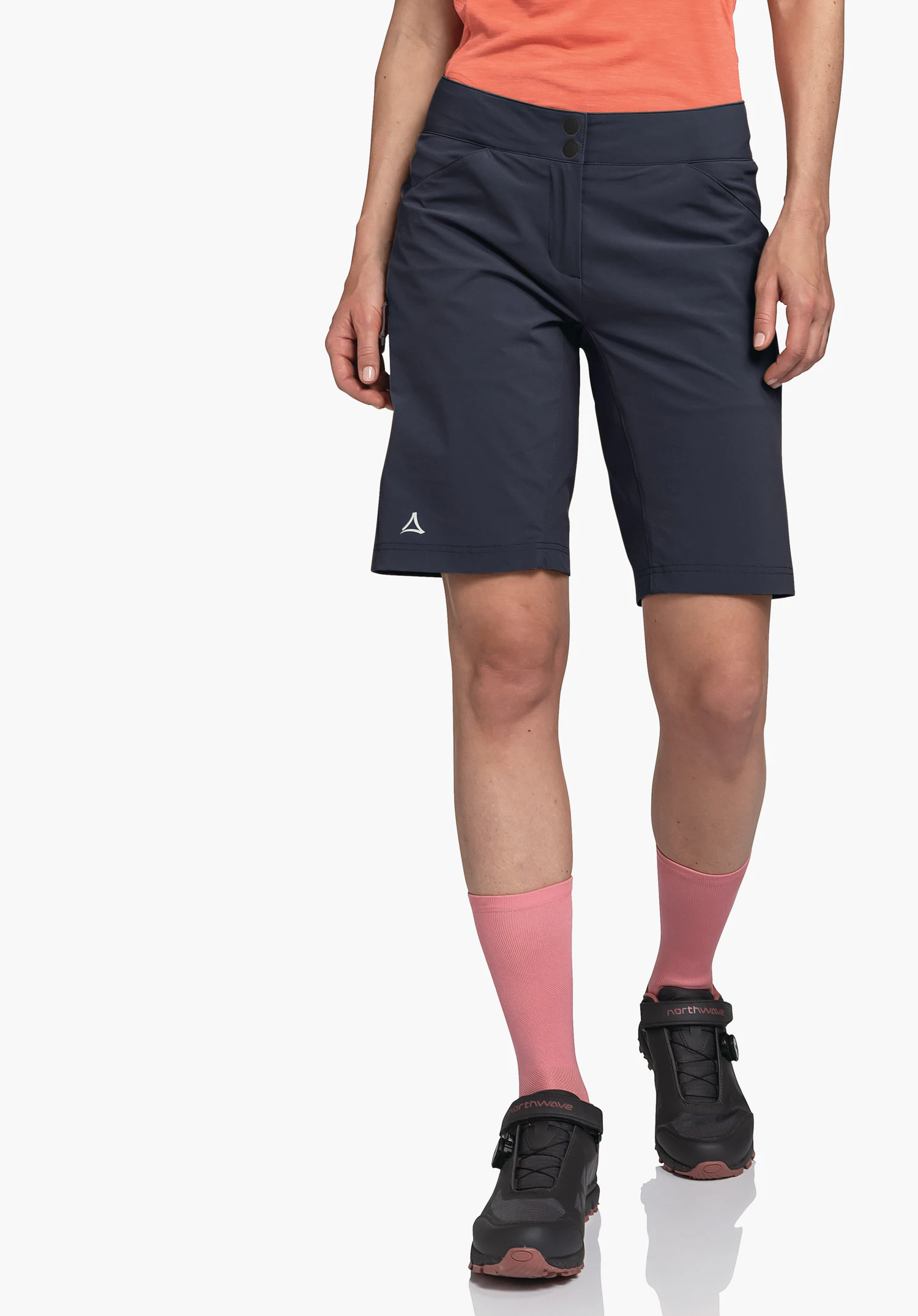 Shorts Danube L in blue, worn by a model standing front-facing. The Schöffel-Logo is clearly visible on the right leg. This worn view is presented against a neutral background.