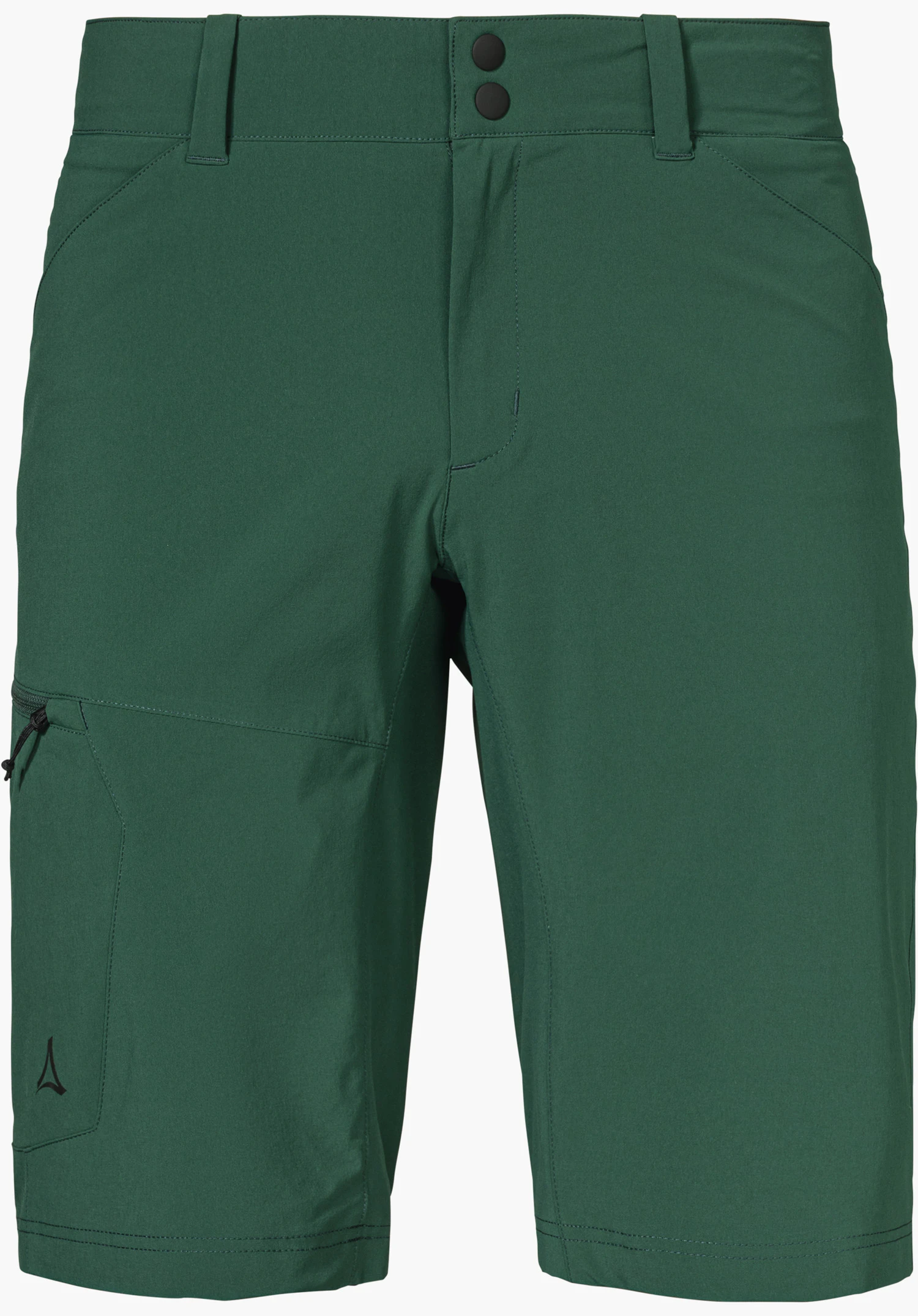 Shorts Danube M in Grün mit zwei schwarzen Druckknöpfen am Bund, Gürtelschlaufen, einer seitlichen Reißverschlusstasche und einem schwarzen Schöffel-Logo auf dem Bein, freigestellt vor weißem Hintergrund.