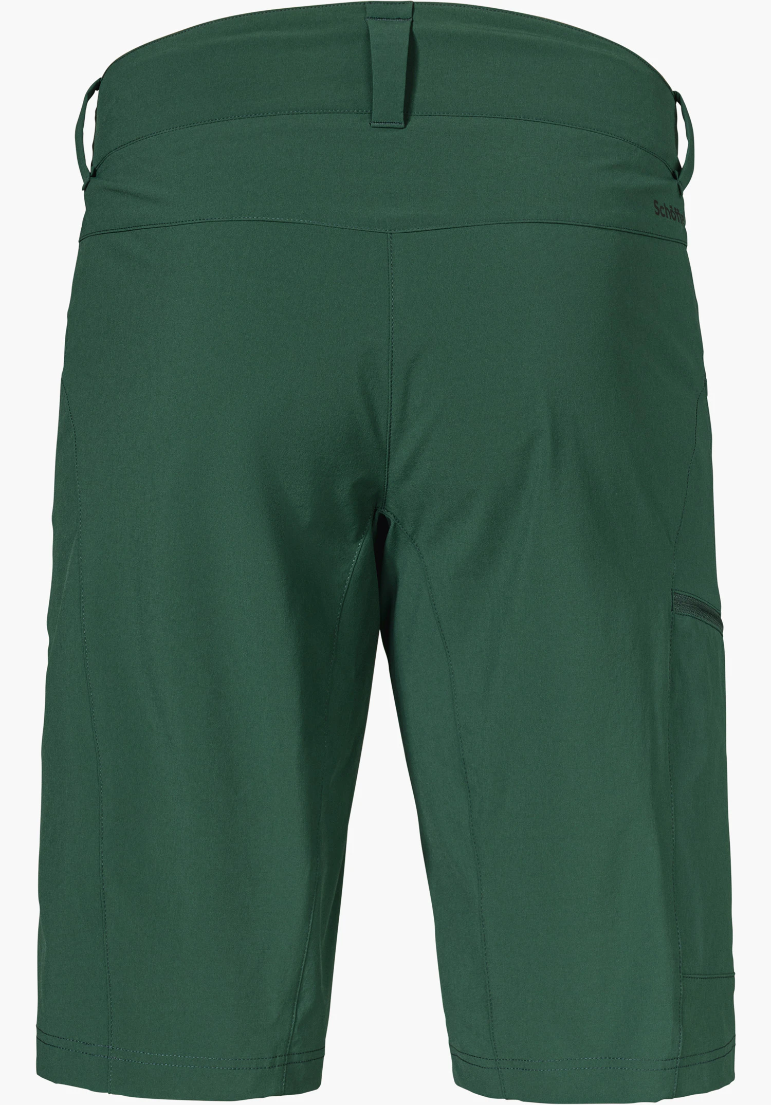 Shorts Danube M zeigt die Rückseite in Grün mit Gürtelschlaufen und einem kleinen Schöffel-Logo an der rechten Seite, freigestellt vor weißem Hintergrund.