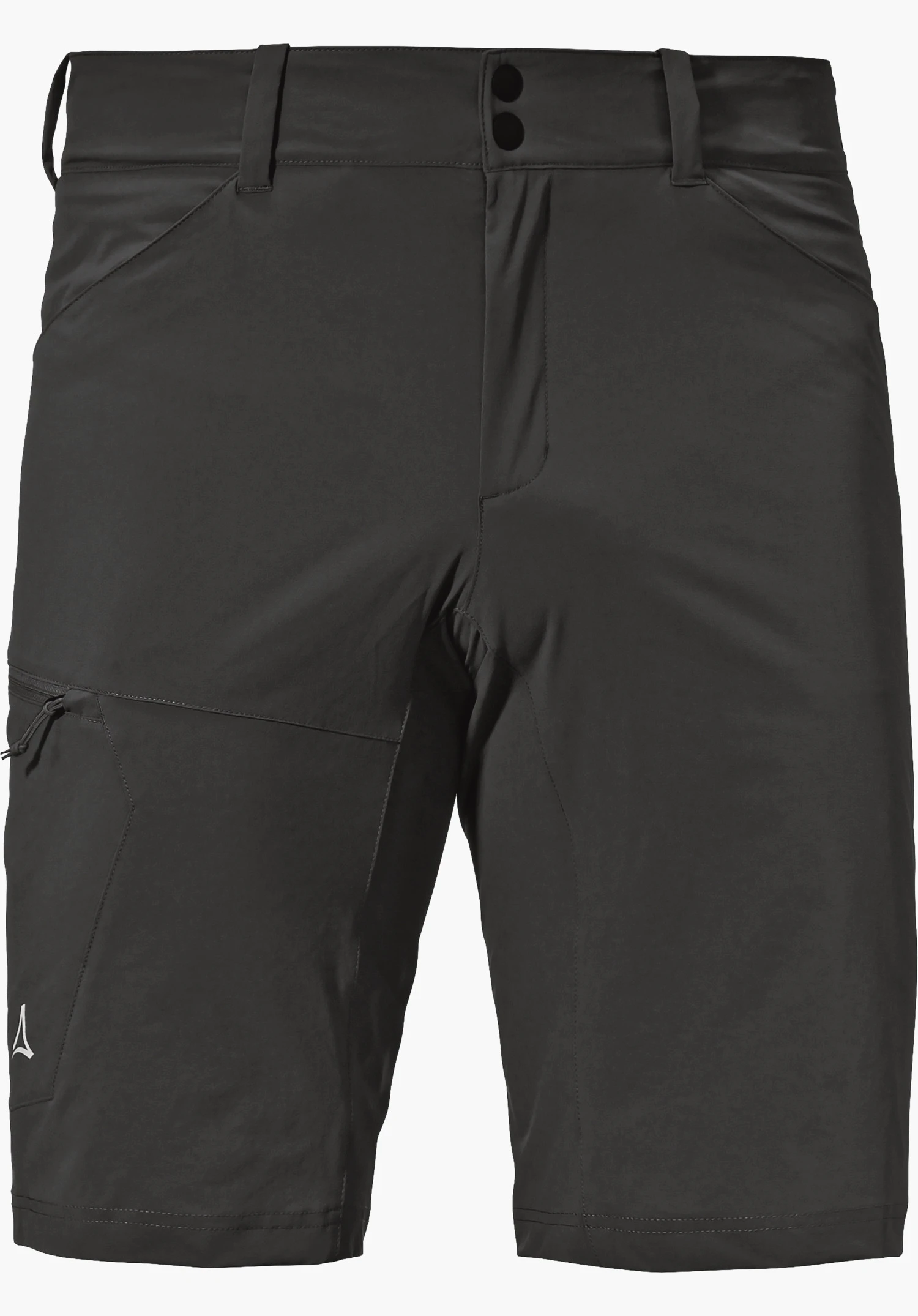 Shorts Danube M in het zwart met knoopsluiting, een zijvak met ritssluiting en een zichtbaar Schöffel-logo op de rechterbroekspijp, vrijstaand tegen een witte achtergrond.