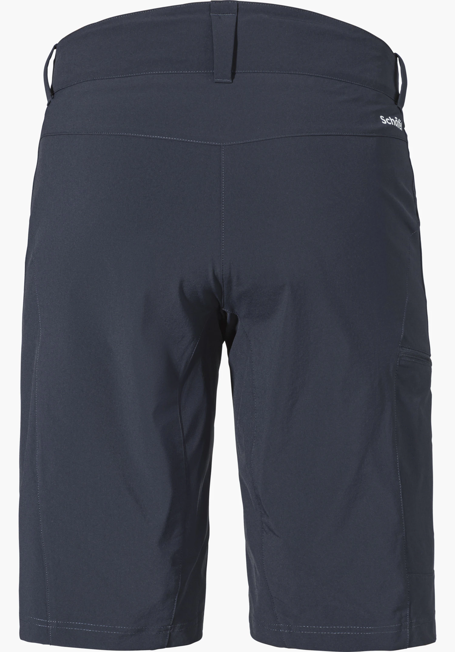 Shorts Danube M in blauw toont de achterzijde met riemlussen en het opvallende Schöffel-logo op de rechterbroekspijp, freigestellt vor weißem Hintergrund.