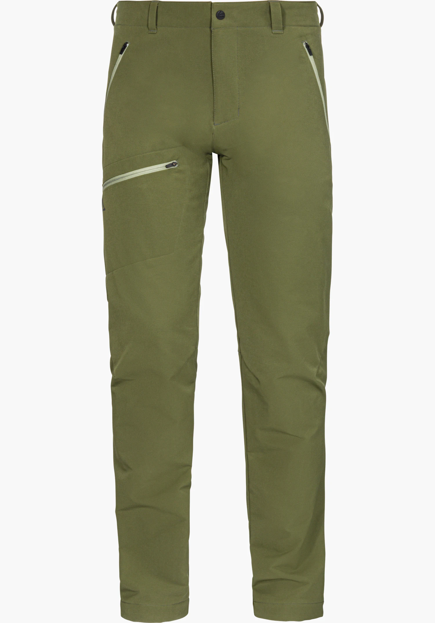 Pants Folkstone Warm M in green with Schöffel logo and zippered pockets, shown from the front and isolated on a white background.