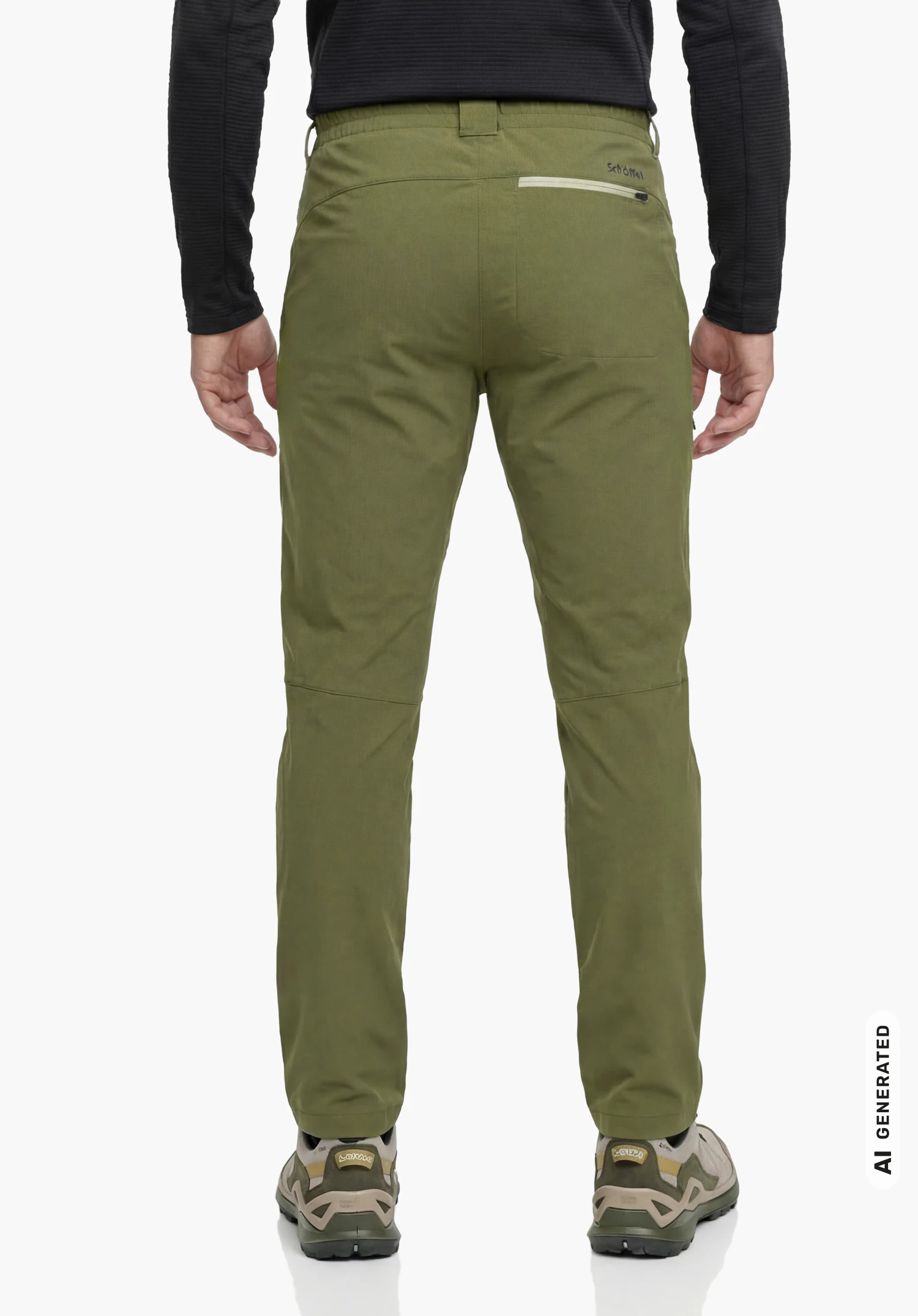 Pants Folkstone Warm M in green, shown from the back with Schöffel lettering and a back pocket against a neutral background. (AI-generated)