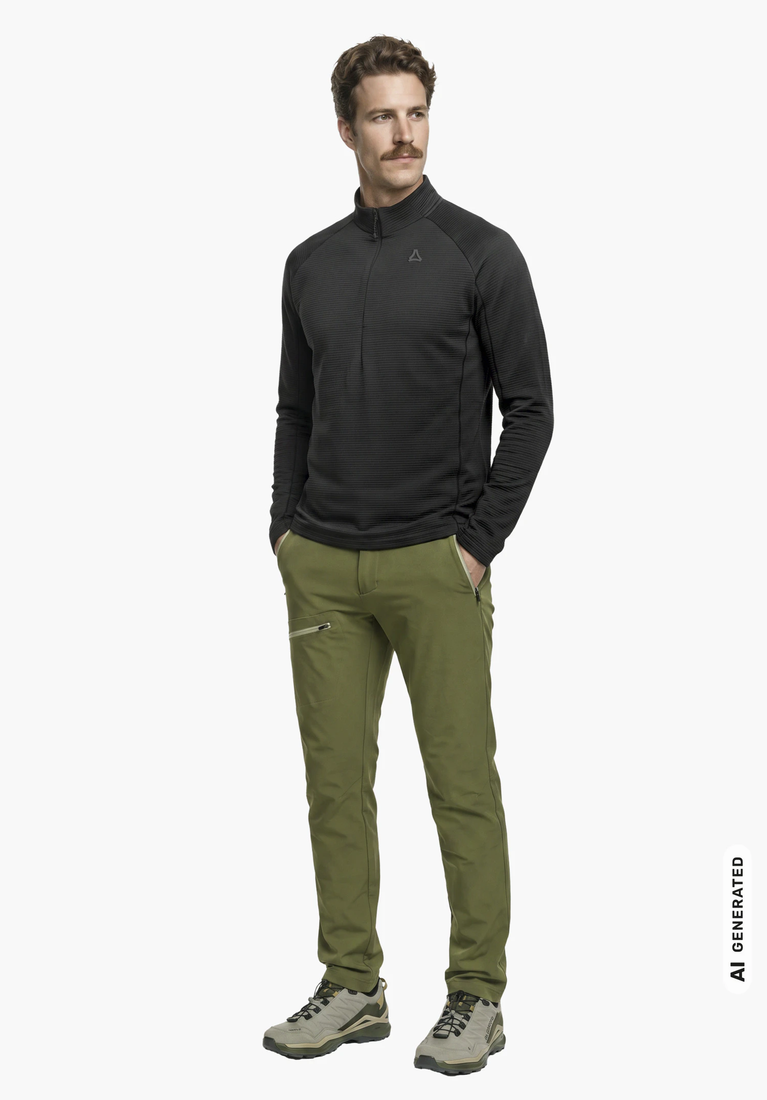 Pants Folkstone Warm M in green, worn by a male model with hands in his trouser pockets in a slight side view with a visible Schöffel logo against a white background. (AI-generated)