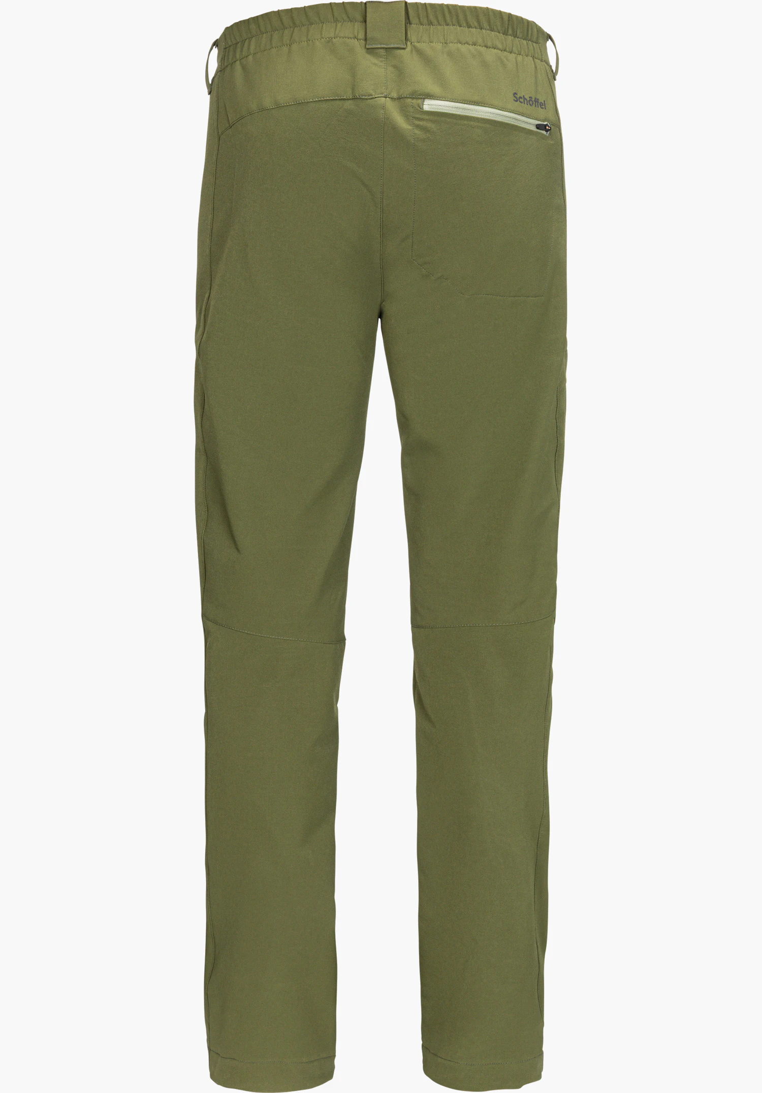 Pants Folkstone Warm M in green, shown from the back with a zippered rear pocket and Schöffel lettering, isolated on a white background.