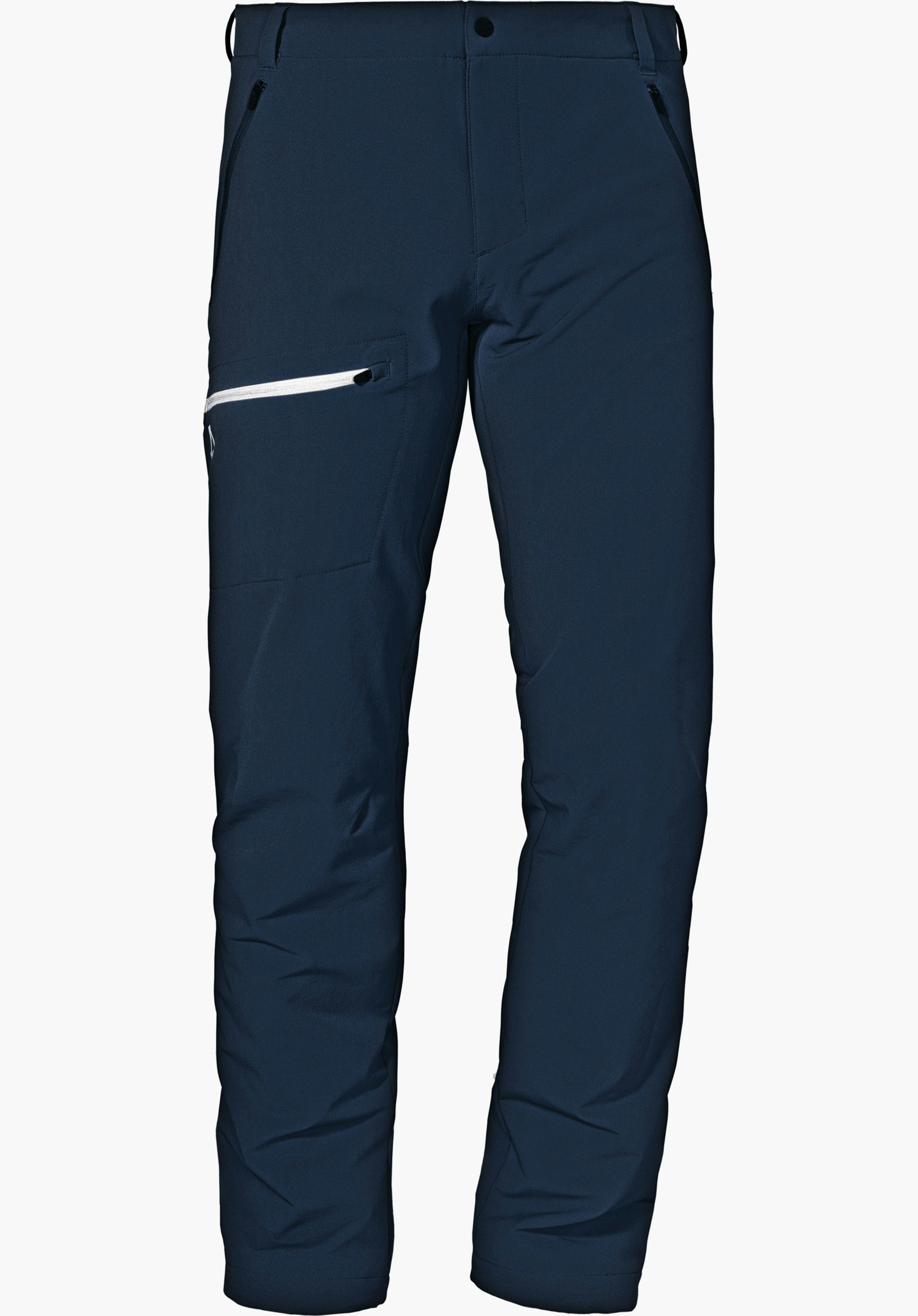 Pants Folkstone Warm M pantalon de randonnée chaud bleu foncé, vue frontale; coupe droite; poche latérale zippée avec zip blanc et logo Schöffel; tissu technique lisse; fond blanc.