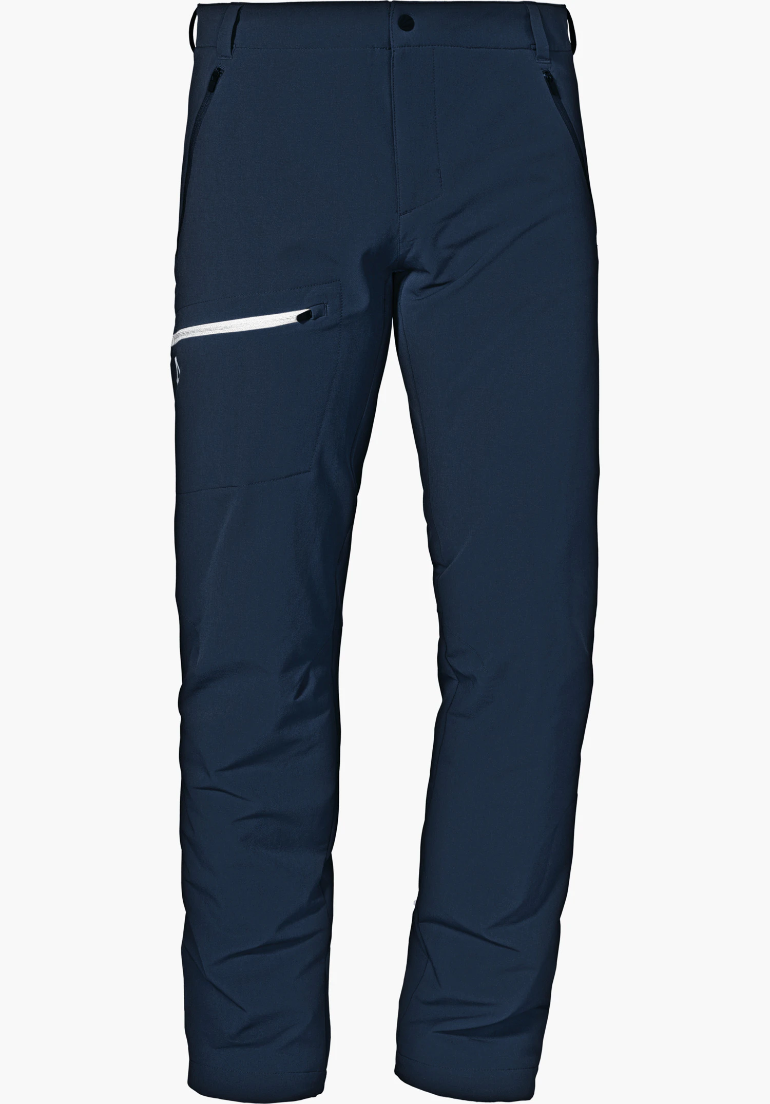 Pants Folkstone Warm M dark blue hiking trousers, front view, straight cut; side zip pocket with white zip and Schöffel logo; smooth technical fabric on a white background.