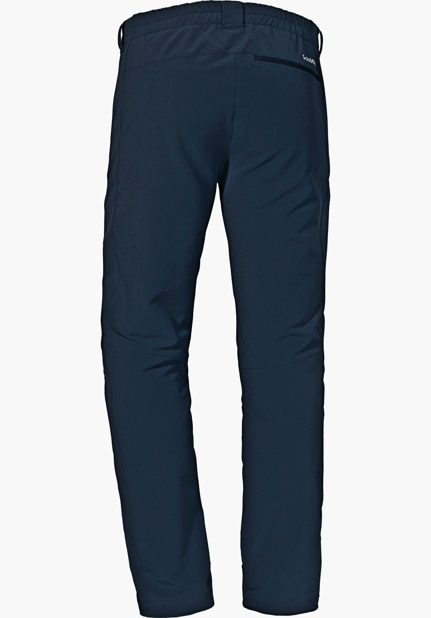 Pants Folkstone Warm M dark blue outdoor trousers, photographed from the back against a white background; elasticated waistband, zip back pocket, straight-cut legs. Text: Schöffel.