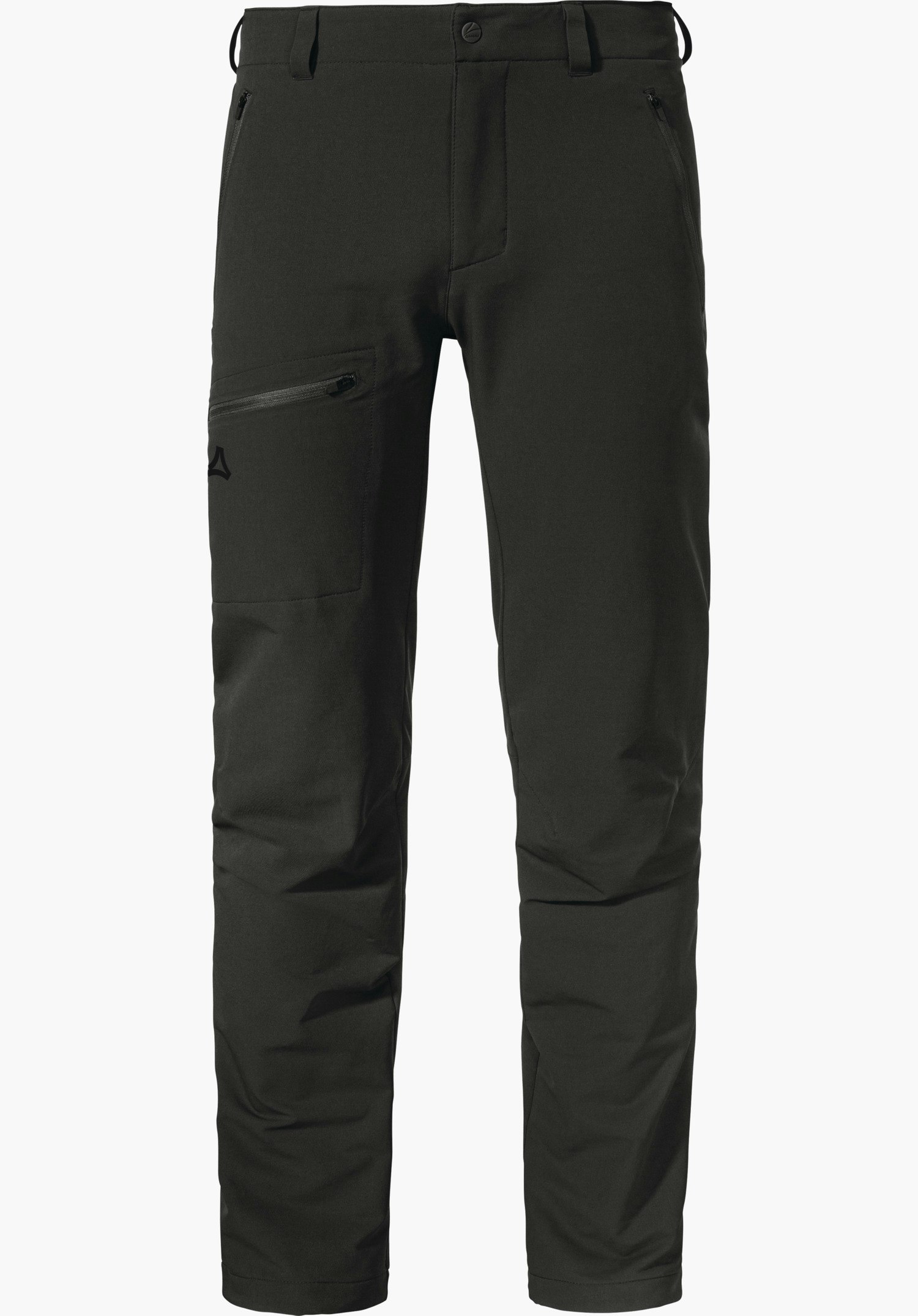 Pants Folkstone Warm M black hiking trousers, front view, with zip pockets, side thigh pocket and Schöffel logo; slim cut with a straight leg line; white background.