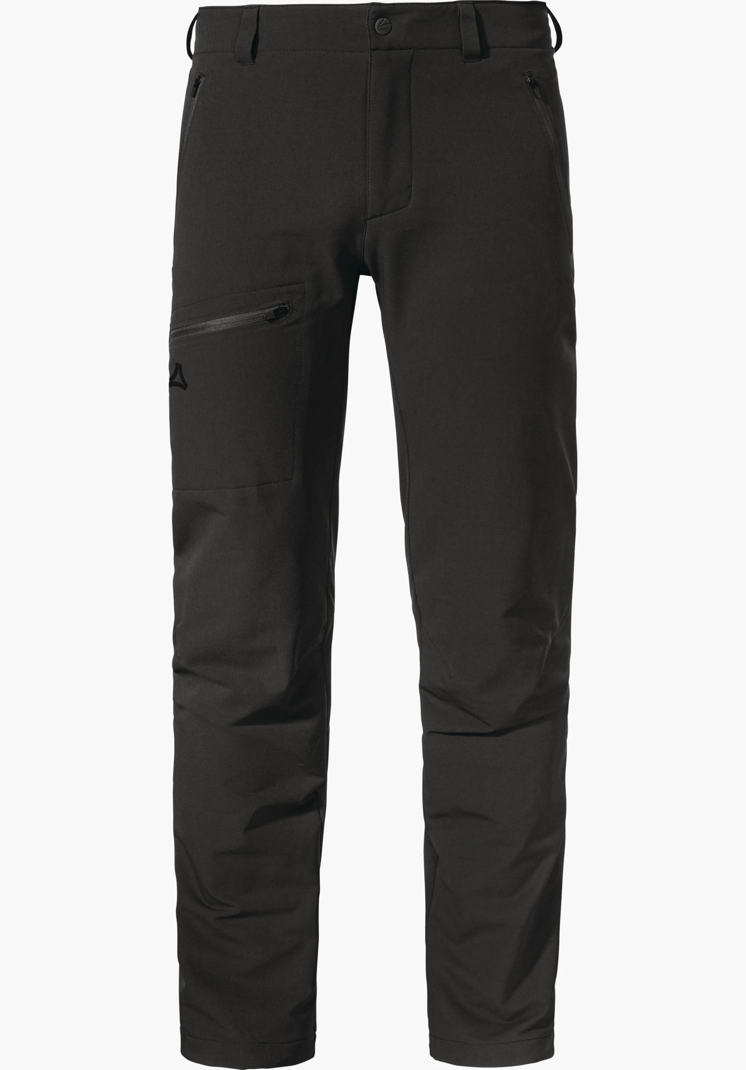 Pants Folkstone Warm M black hiking trousers, front view, with zip pockets, side thigh pocket and Schöffel logo; slim cut with a straight leg line; white background.
