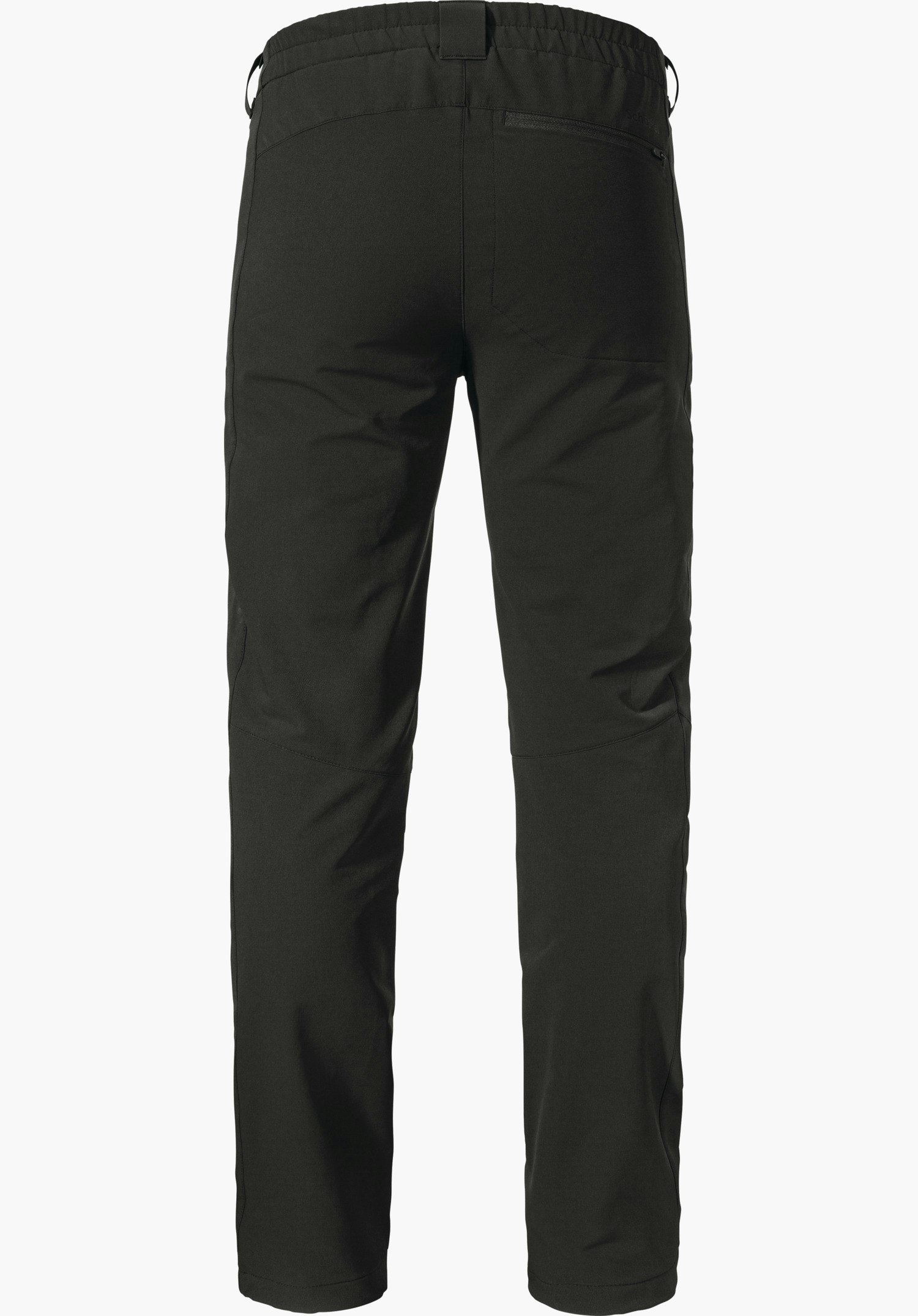 Pants Folkstone Warm M Schwarze Wanderhose, von hinten präsentiert; elastischer Bund, Reißverschlusstasche am Gesäß, gerade geschnittene Beine, neutraler weißer Hintergrund. Text: "Schöffel".