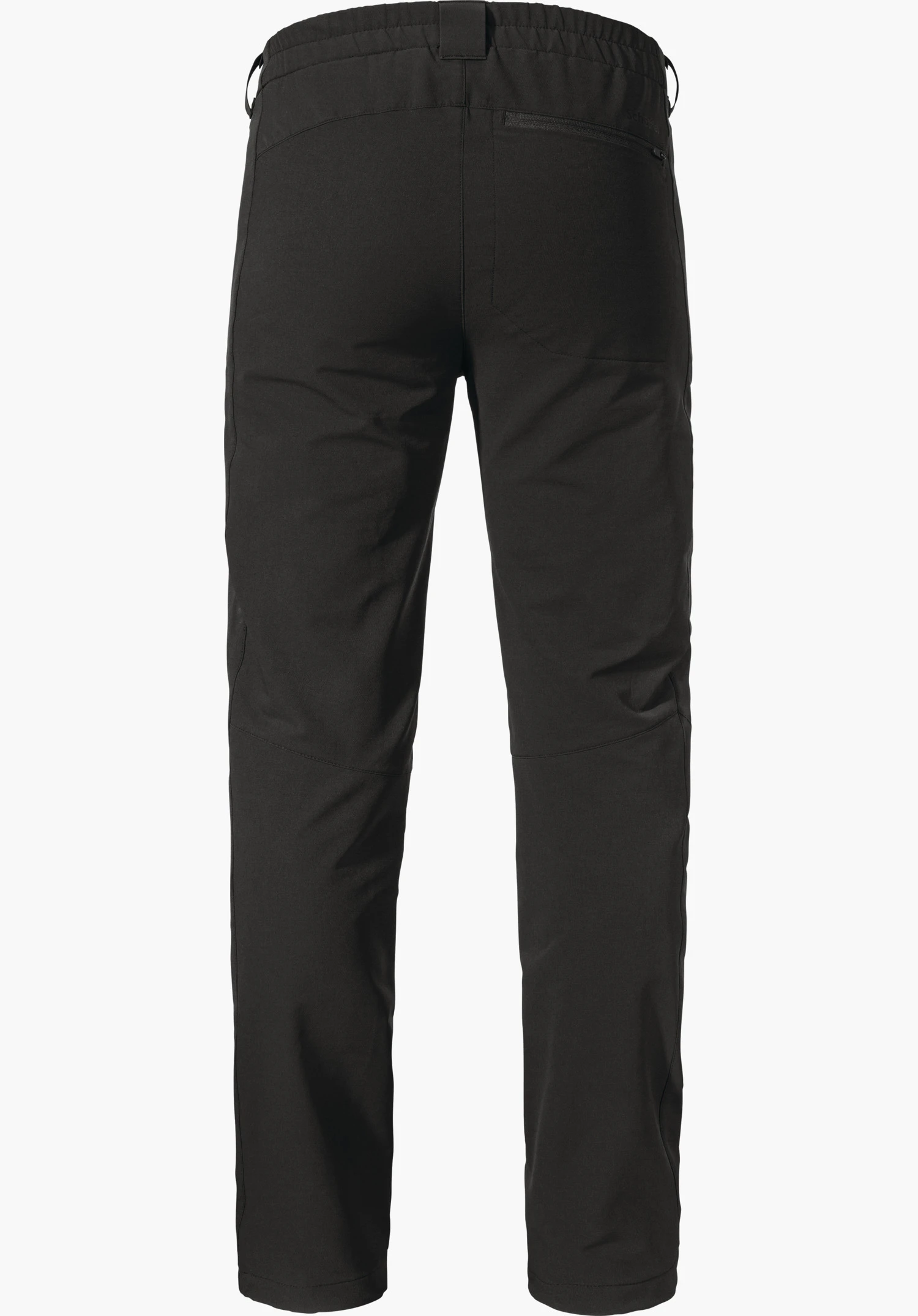 Pants Folkstone Warm M black hiking trousers, presented from the back; elasticated waistband, zip pocket on the seat, straight-cut legs, neutral white background. Text: “Schöffel”.