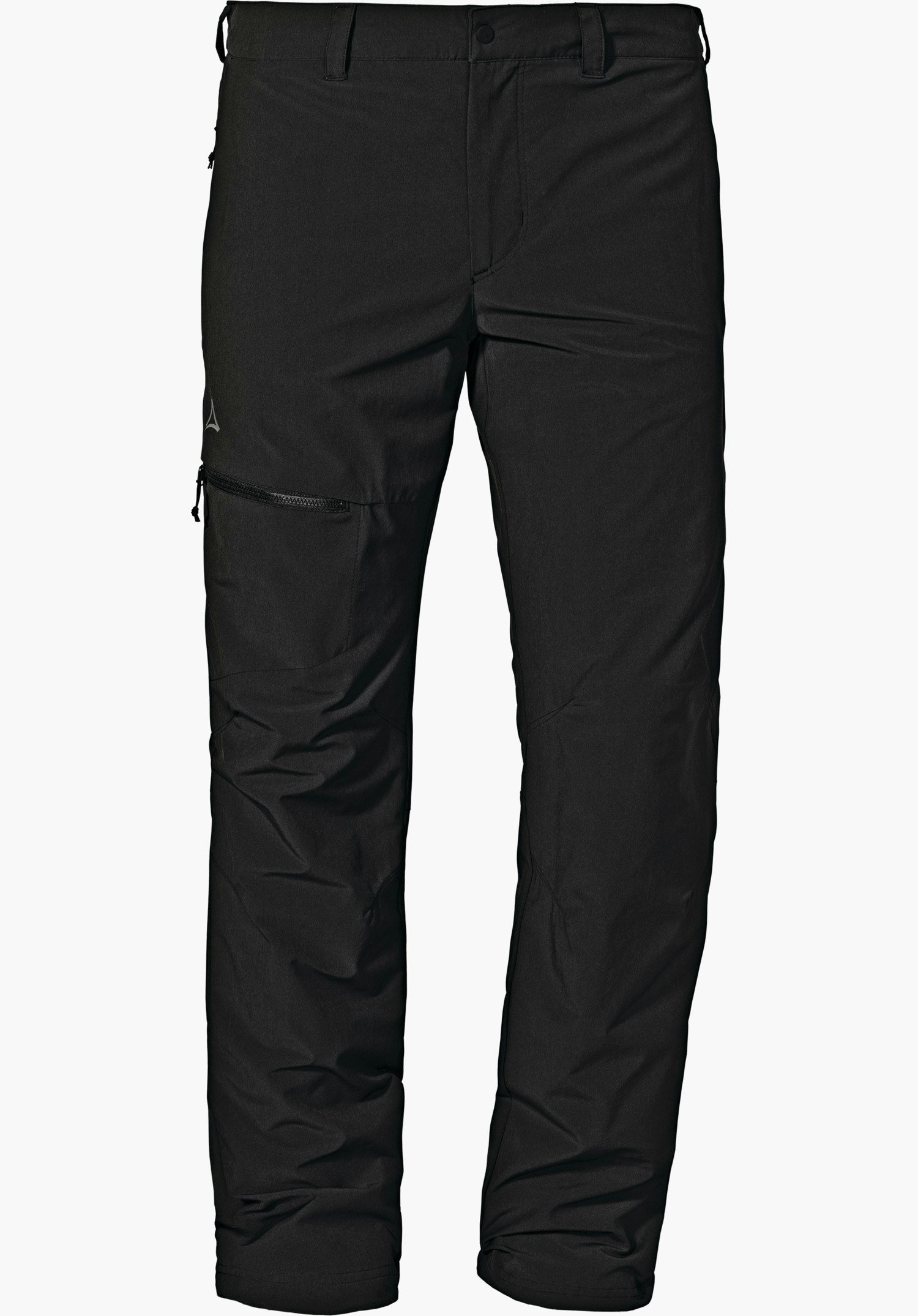 Pants Koper1 Warm M Schwarze Wanderhose, frontal präsentiert; linke Oberschenkeltasche mit Reißverschluss und Schöffel-Logo; gerader Schnitt, Gürtelschlaufen, neutraler weißer Hintergrund.