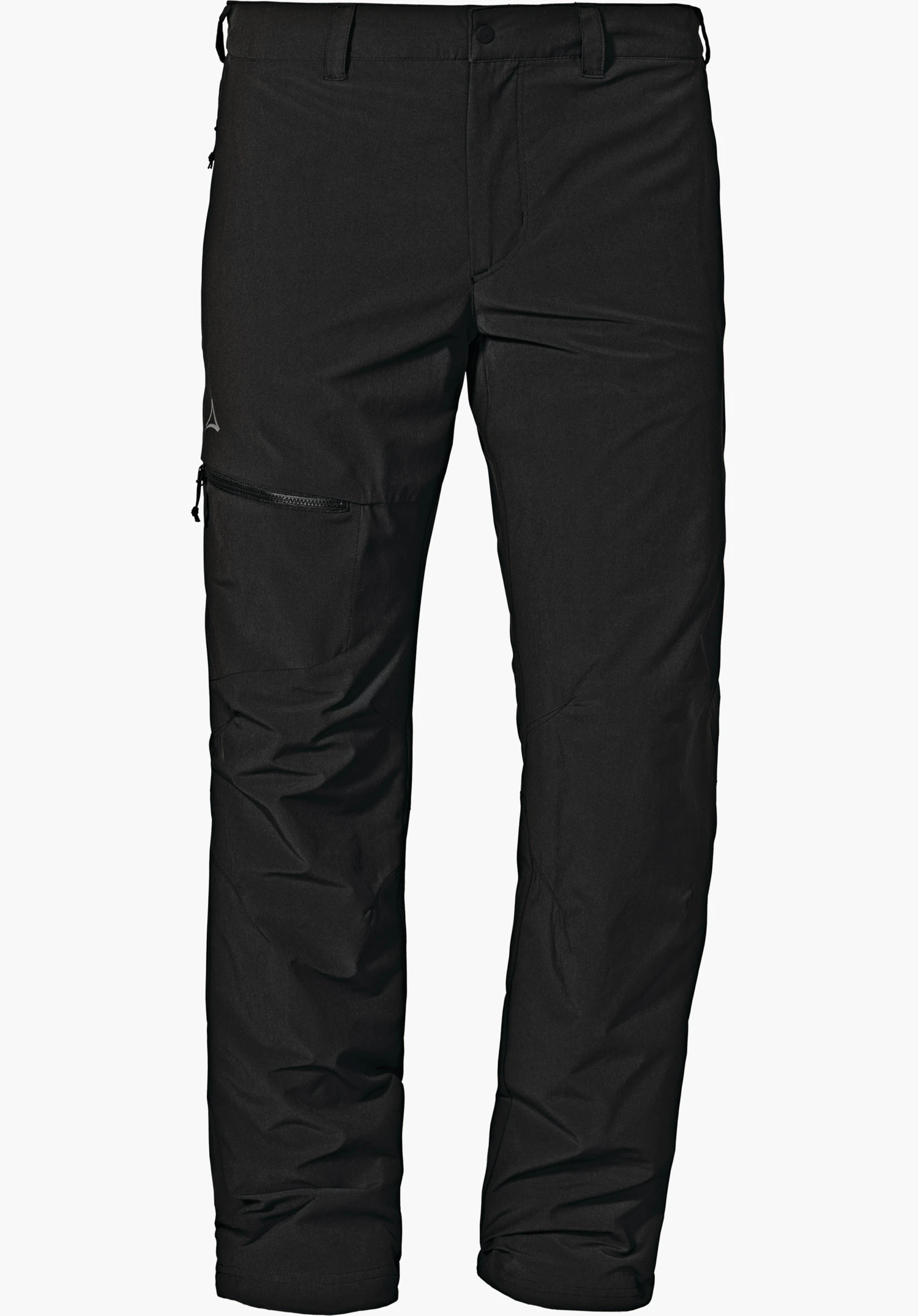 Pants Koper1 Warm M black hiking trousers, front view; left thigh zip pocket with Schöffel logo; straight cut, belt loops; neutral white background.