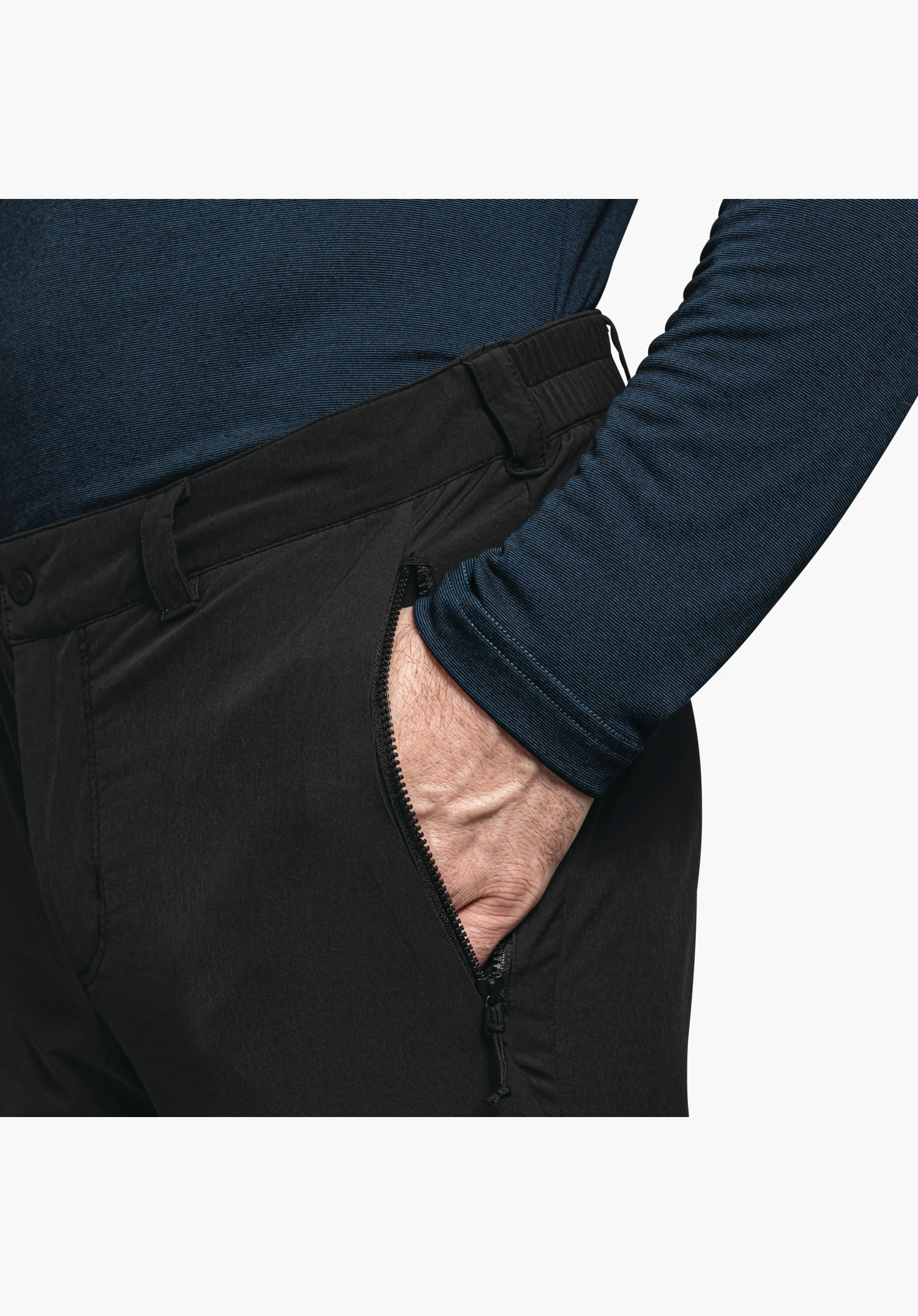Pants Koper1 Warm M features the black zip of the side pocket and the waistband with belt loops. Close-up against a white/neutral background.