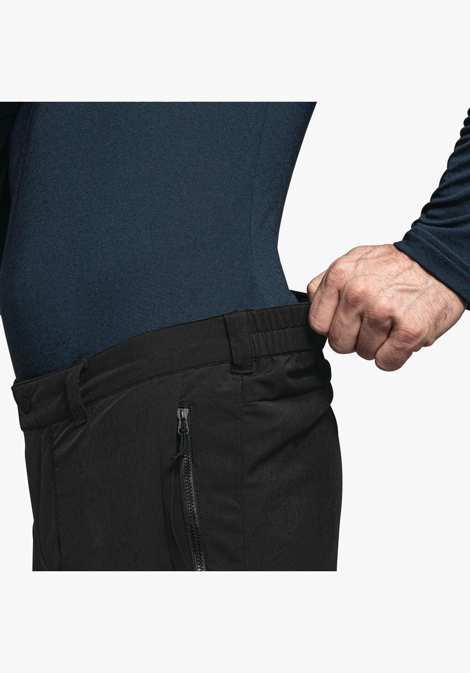 Pants Koper1 Warm M, elasticated waistband and side zip pocket in black, close-up against a white background.