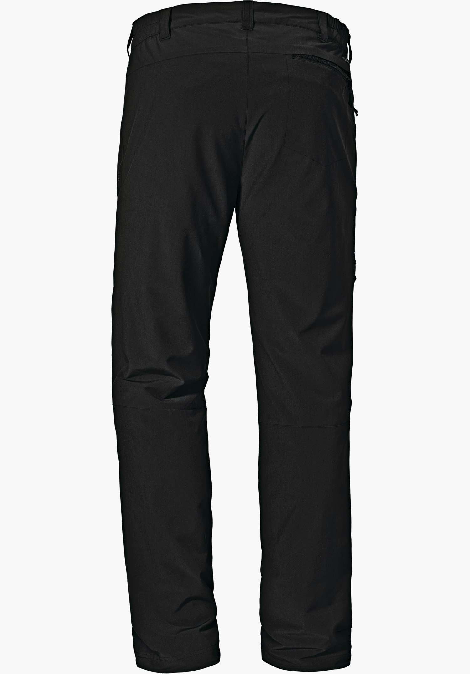 Pants Koper1 Warm M schwarze Freizeithose, von hinten fotografiert; liegt flach auf weißem Hintergrund; seitliche Reißverschlusstasche, Gürtelschlaufen und vorgeformte Knieabnäher.