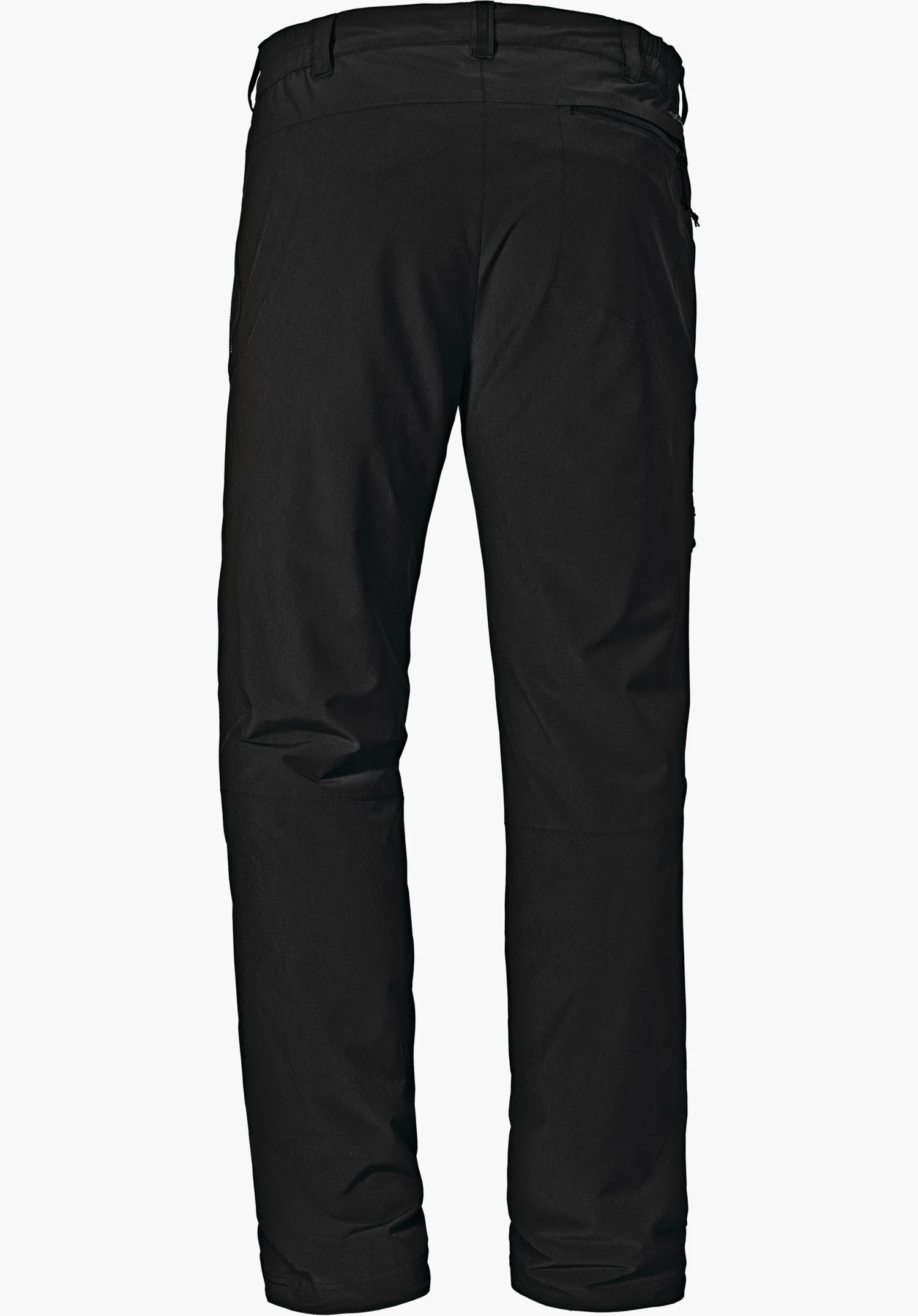 Pants Koper1 Warm M black leisure trousers, photographed from the back; laid flat on a white background; side zip pocket, belt loops and shaped knee darts.