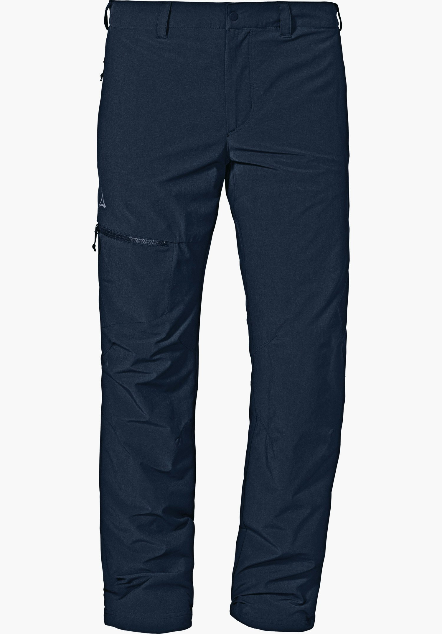 Pants Koper1 Warm M Dunkelblaue Wanderhose, frontal präsentiert auf weißem Hintergrund; mit Schöffel-Logo am linken Oberschenkel und einer seitlichen Reißverschlusstasche.