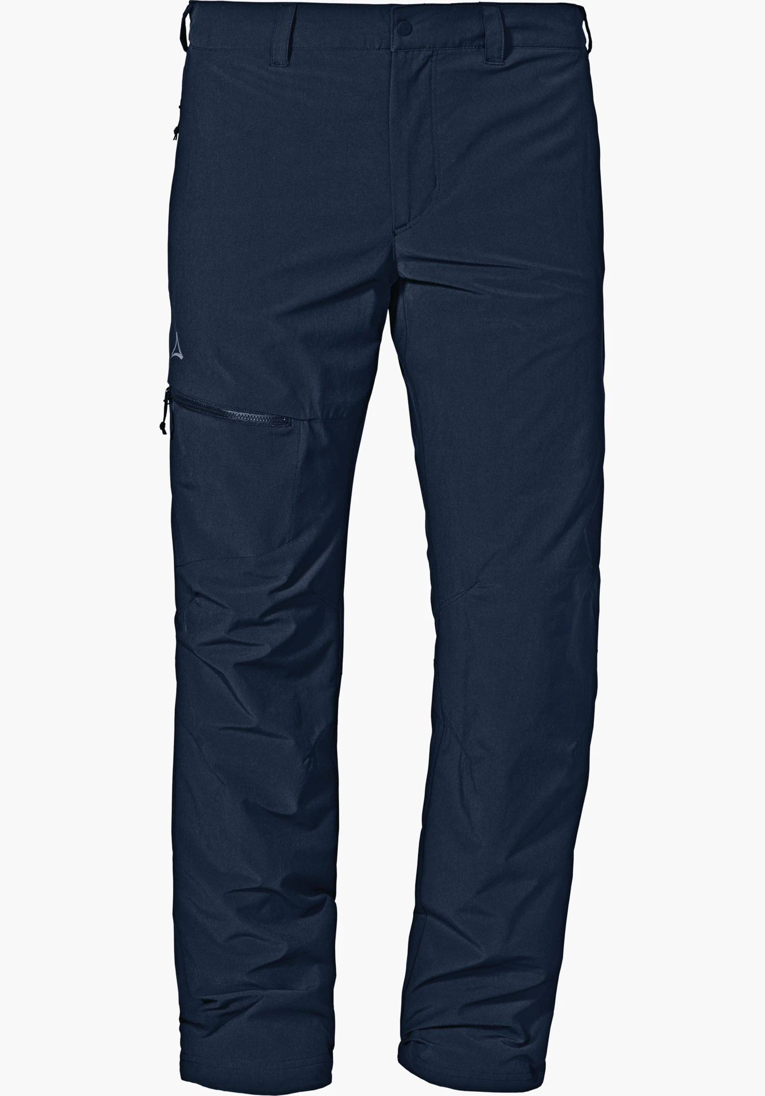Pants Koper1 Warm M dark blue hiking trousers, front view on a white background; with Schöffel logo on the left thigh and a side zip pocket.