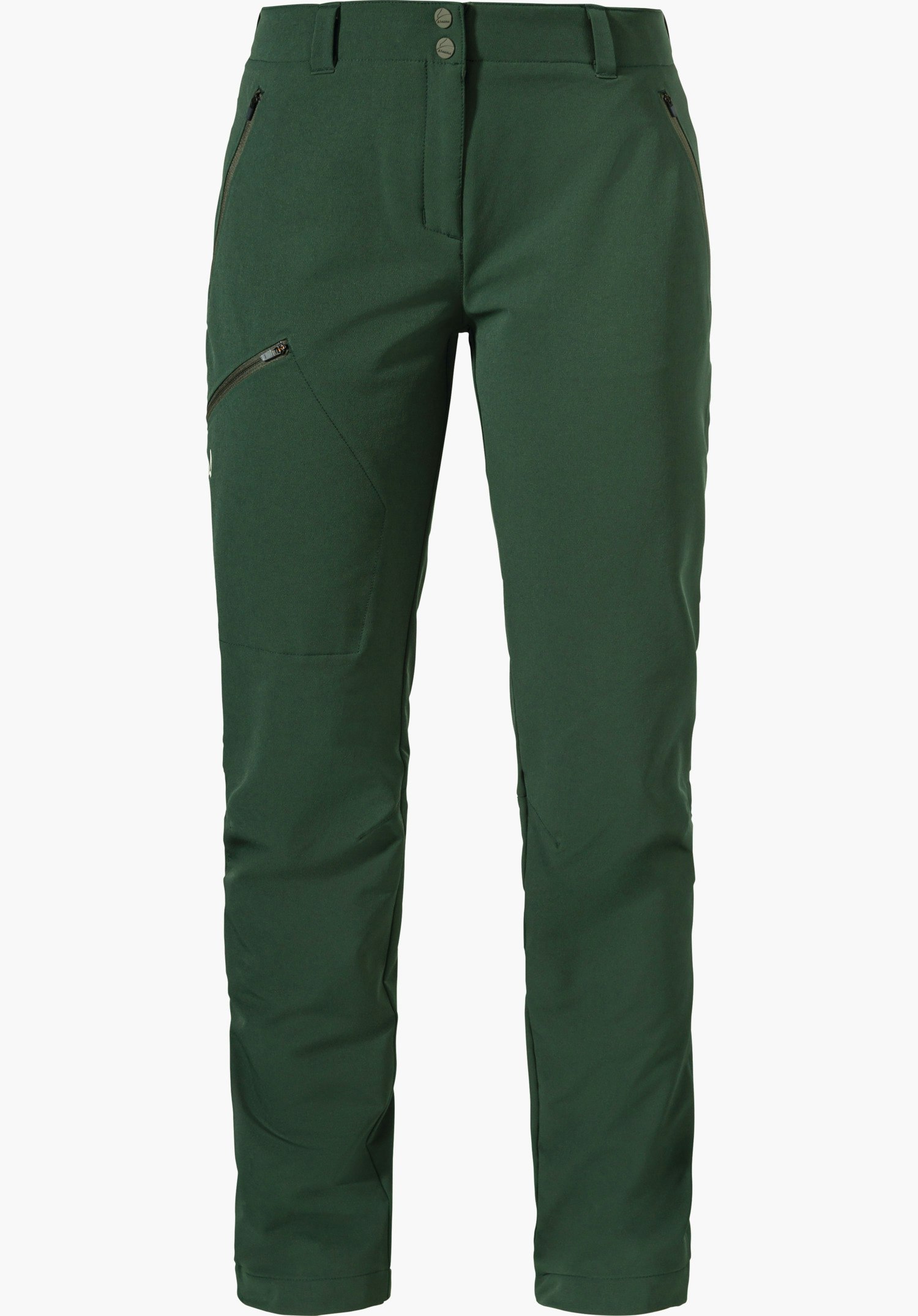 Pants Ascona Warm L pantalon de randonnée vert foncé, présenté de face, avec poche zippée oblique sur la cuisse, deux poches zippées à l’avant, logo Schöffel sur le côté gauche, fond blanc.