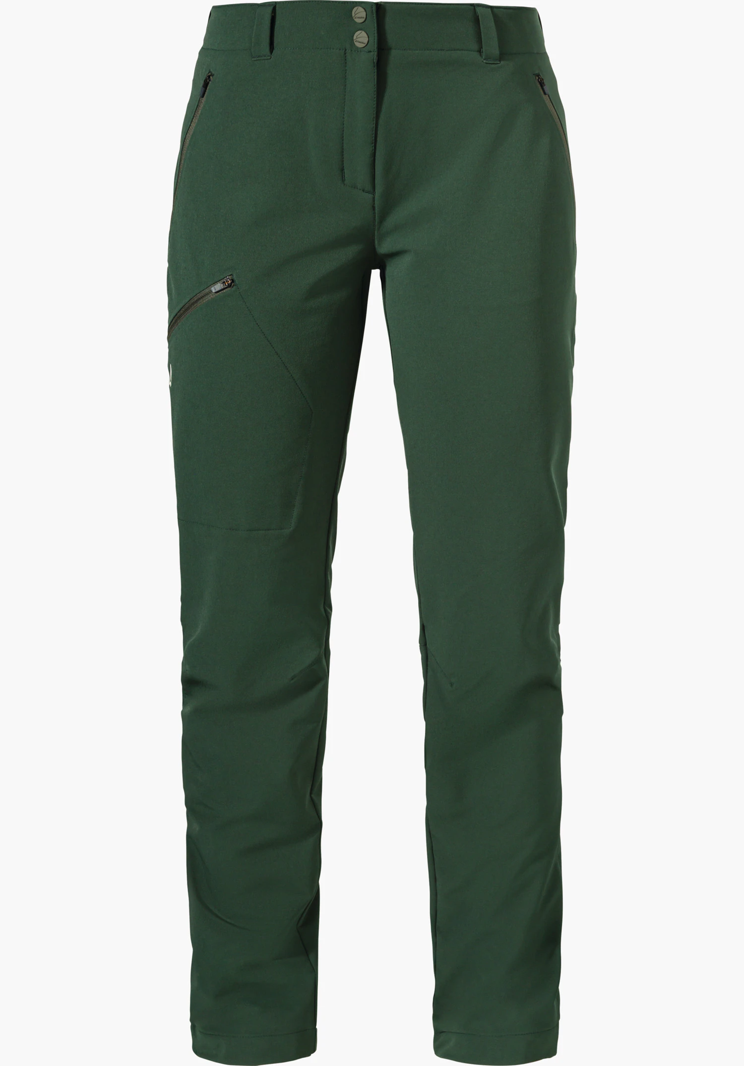 Pants Ascona Warm L dark green hiking trousers, front view, with an angled zip pocket on the thigh, two front zip pockets, Schöffel logo on the left side; white background.