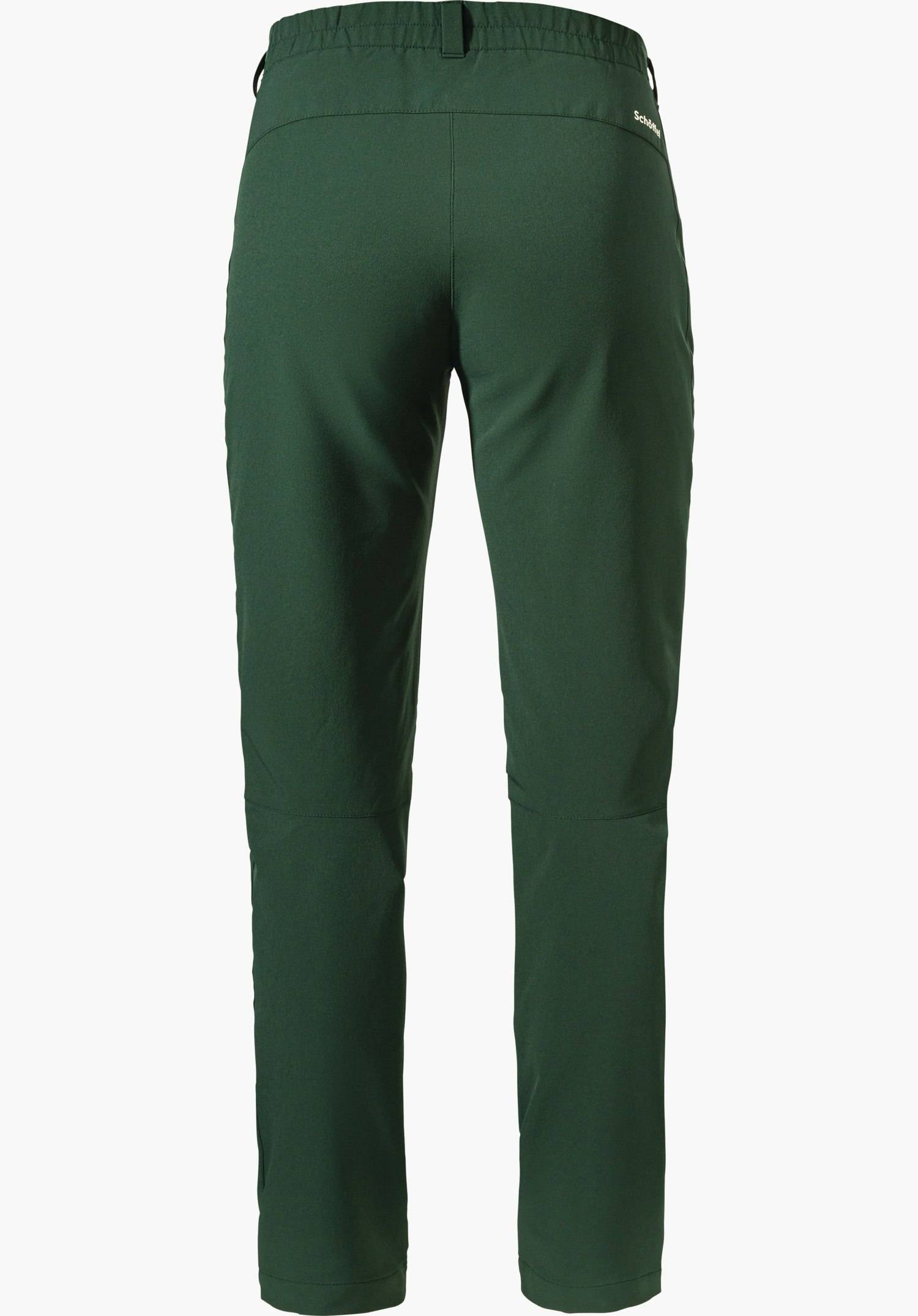 Pants Ascona Warm L Pantalon vert foncé, vue de dos; sur fond blanc, taille élastique, coupe étroite, pinces aux genoux; texte « Schöffel » sur la hanche droite.