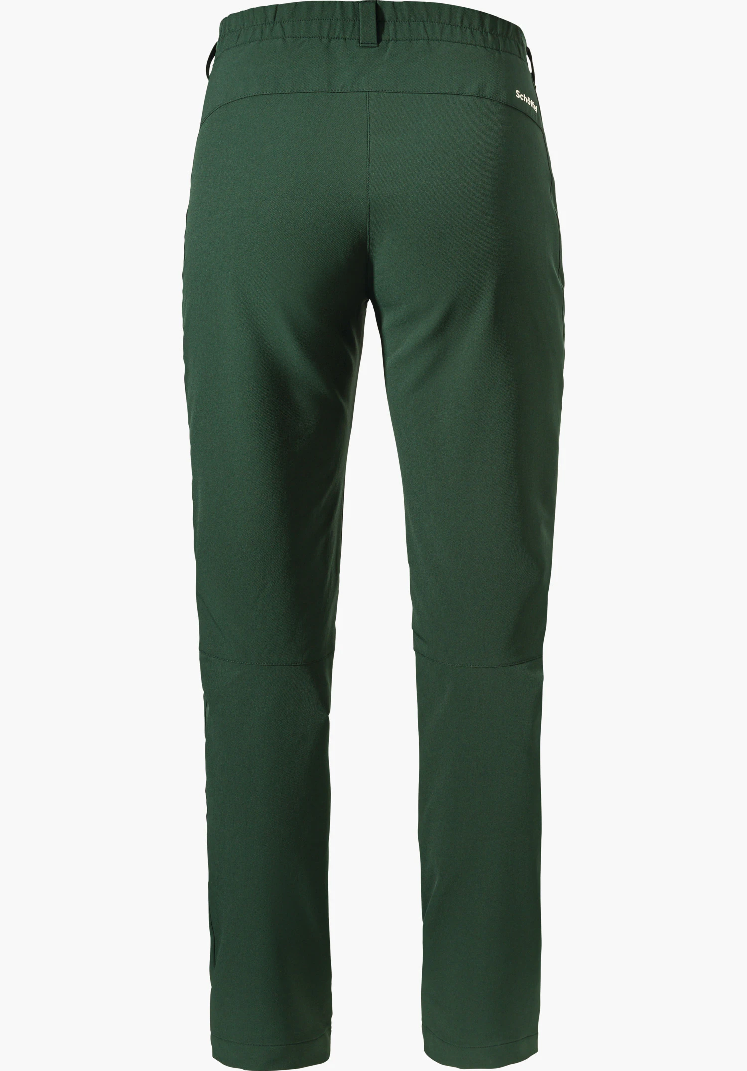 Pants Ascona Warm L Hose, dunkelgrün, von hinten abgebildet, vor weißem Hintergrund präsentiert; elastischer Bund, schmaler Schnitt, Knieabnäher; Text "Schöffel" auf rechter Hüfte.