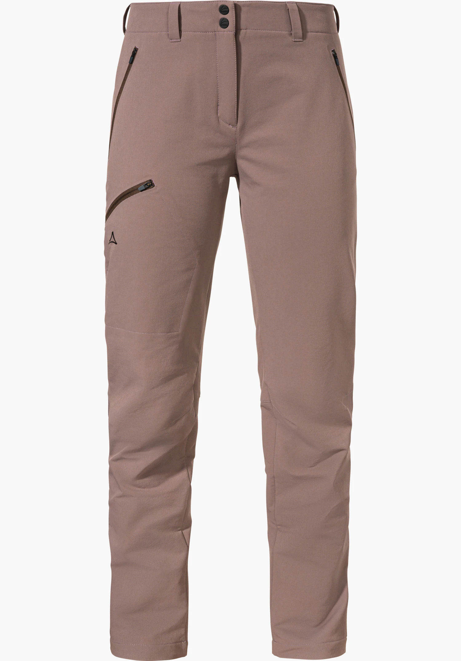 Pants Ascona Warm L purple hiking trousers, straight cut, front view; two side zip pockets, angled thigh pocket, waistband with belt loops and buttons; Schöffel logo on the left thigh; white background.