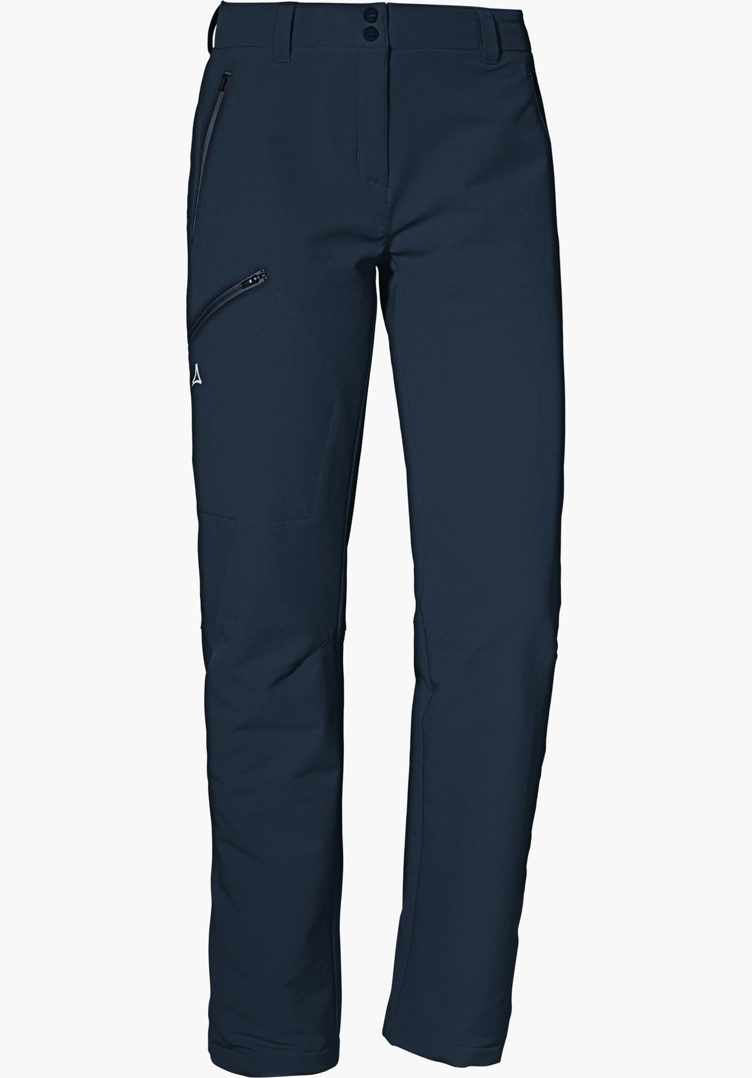 Pants Ascona Warm L dark blue hiking trousers, front view, with an angled zip pocket on the left thigh; Schöffel logo visible; smooth white background.