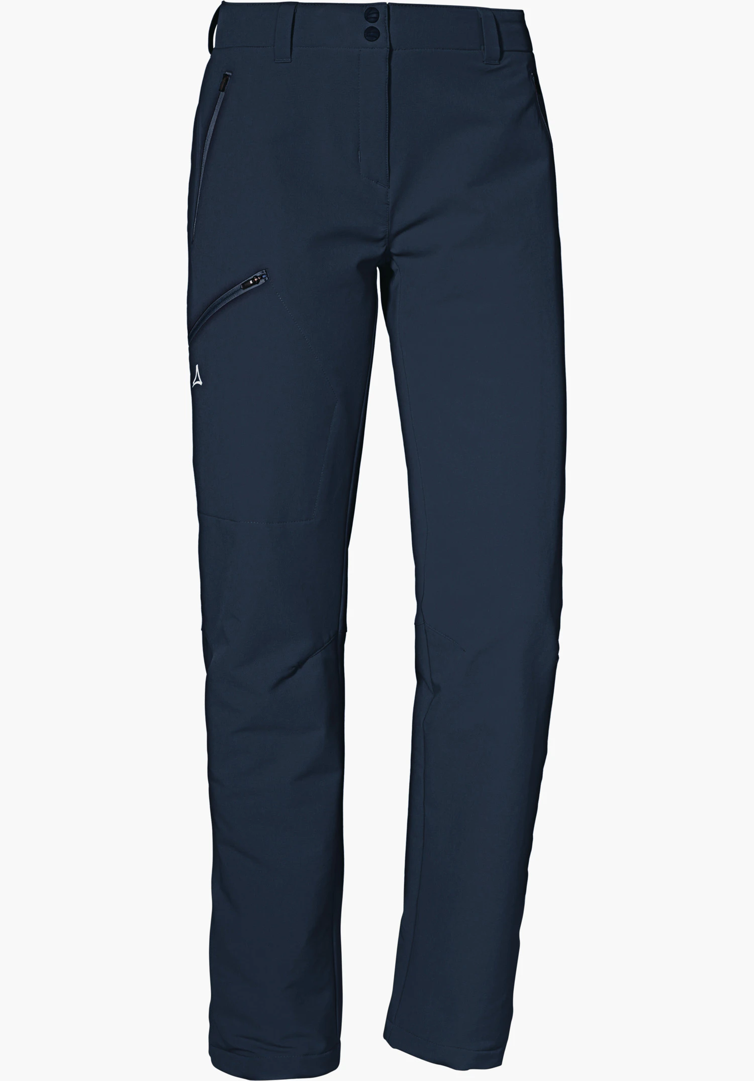 Pants Ascona Warm L dark blue hiking trousers, front view, with an angled zip pocket on the left thigh; Schöffel logo visible; smooth white background.