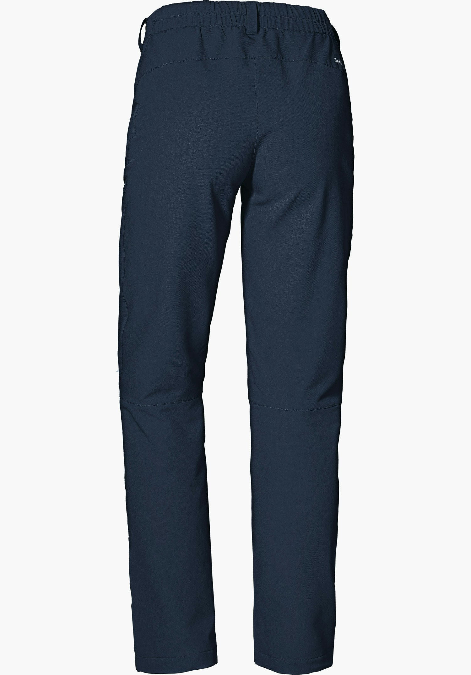 Pants Ascona Warm L dunkelblaue Outdoorhose, Rückansicht; elastischer Bund und gerade Beine, ruhend vor neutralem weißem Hintergrund. Text: Schöffel.