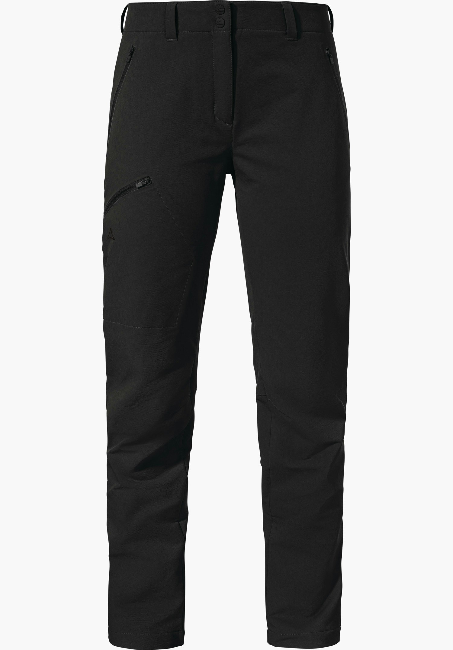 Pants Ascona Warm L pantalon de randonnée noir, présenté de face avec coupe droite; deux poches zippées obliques à l’avant, poche de jambe supplémentaire, logo Schöffel sur la cuisse gauche; tissu lisse sur fond blanc.