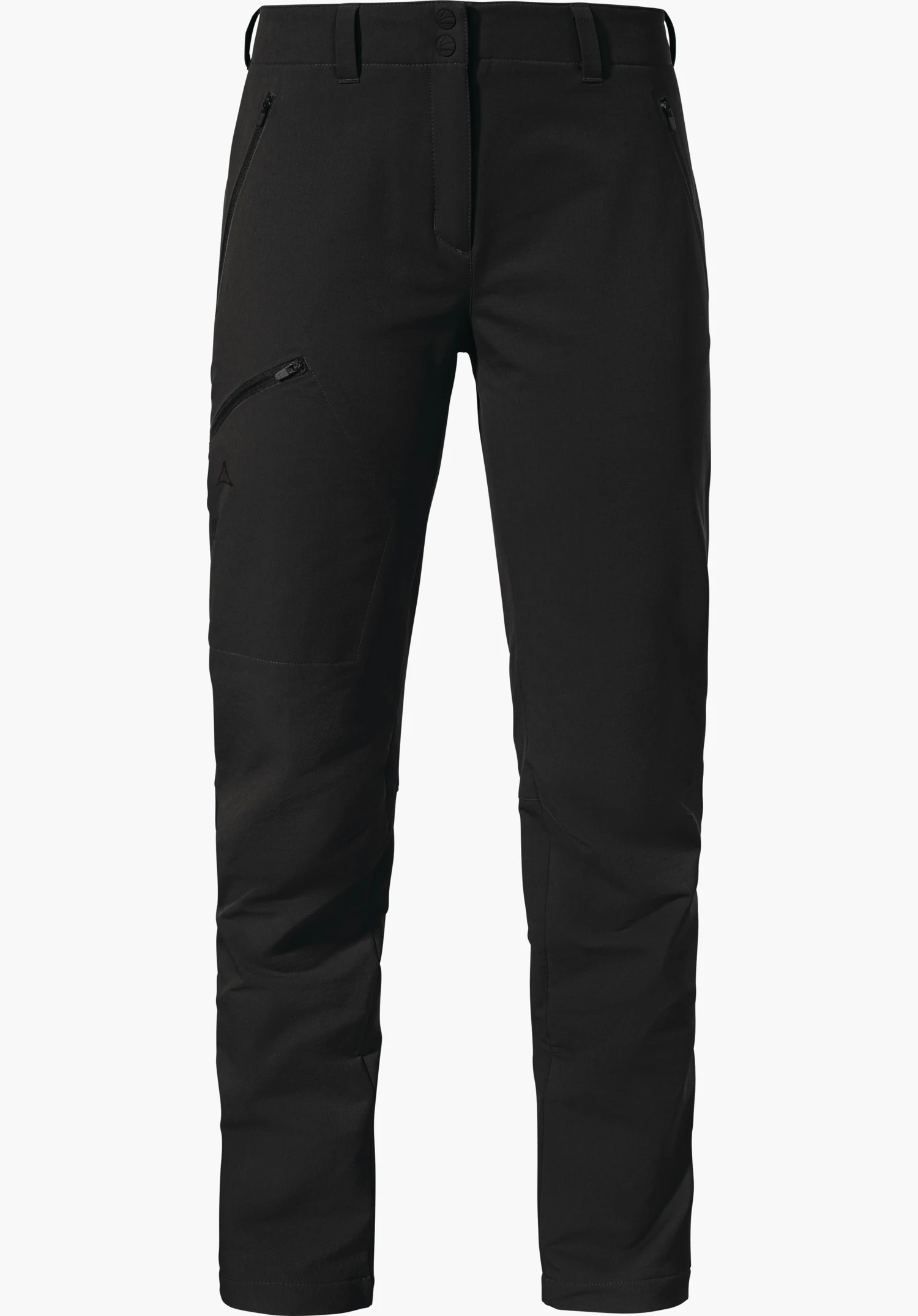 Pants Ascona Warm L black hiking trousers, front view, straight cut; two angled front zip pockets, additional leg pocket, Schöffel logo on the left thigh; smooth fabric on a white background.
