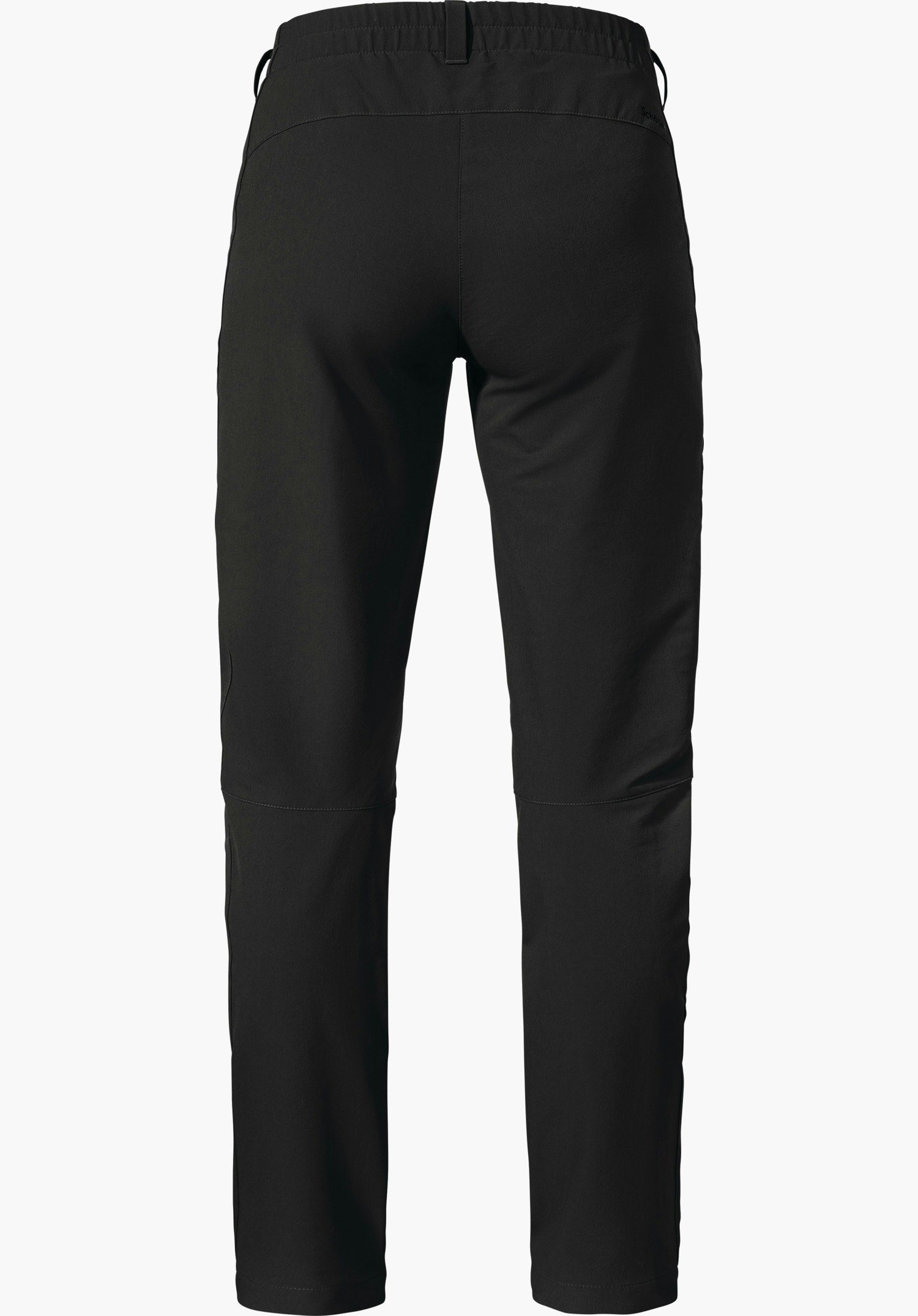 Pants Ascona Warm L hiking trousers, rear view: slim, long black outdoor trousers hanging smoothly against a white background; elasticated waistband and knee darts. Text: Schöffel.