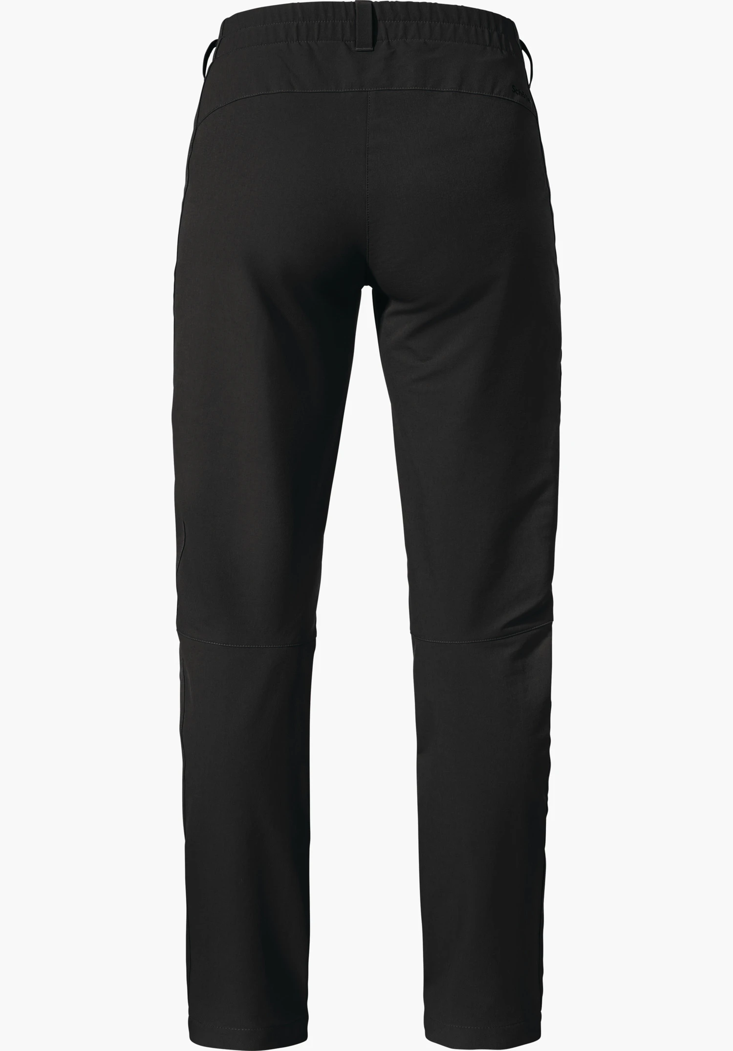 Pants Ascona Warm L Wanderhose, Rückansicht: schmale lange schwarze Outdoor-Hose hängt glatt vor weißem Hintergrund; elastischer Bund und Knieabnäher. Text: Schöffel.
