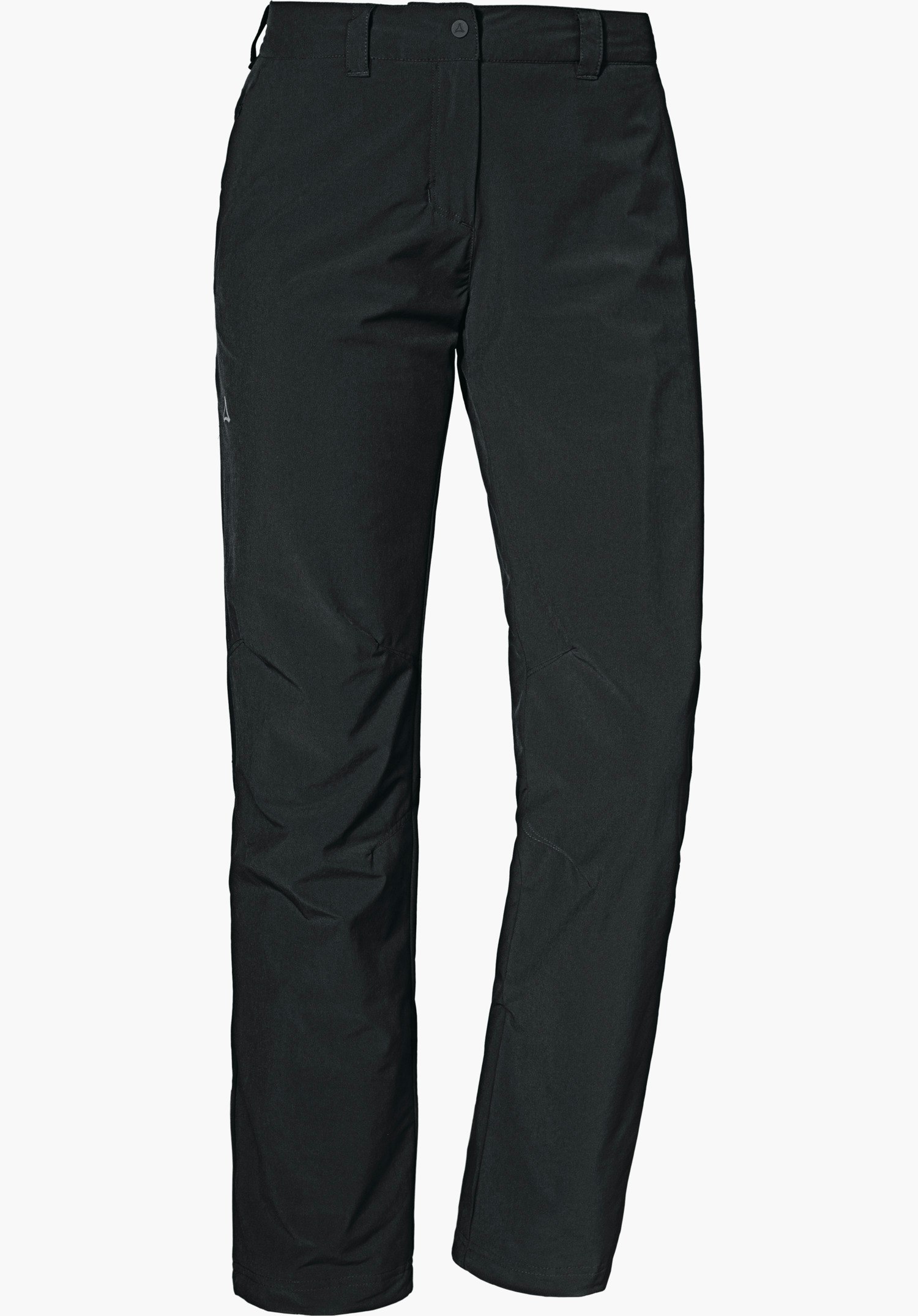 Pants Engadin1 Warm L pantalon de randonnée noir, coupe droite, logo Schöffel à la ceinture et sur la cuisse, deux poches italiennes, présenté sur fond blanc neutre.