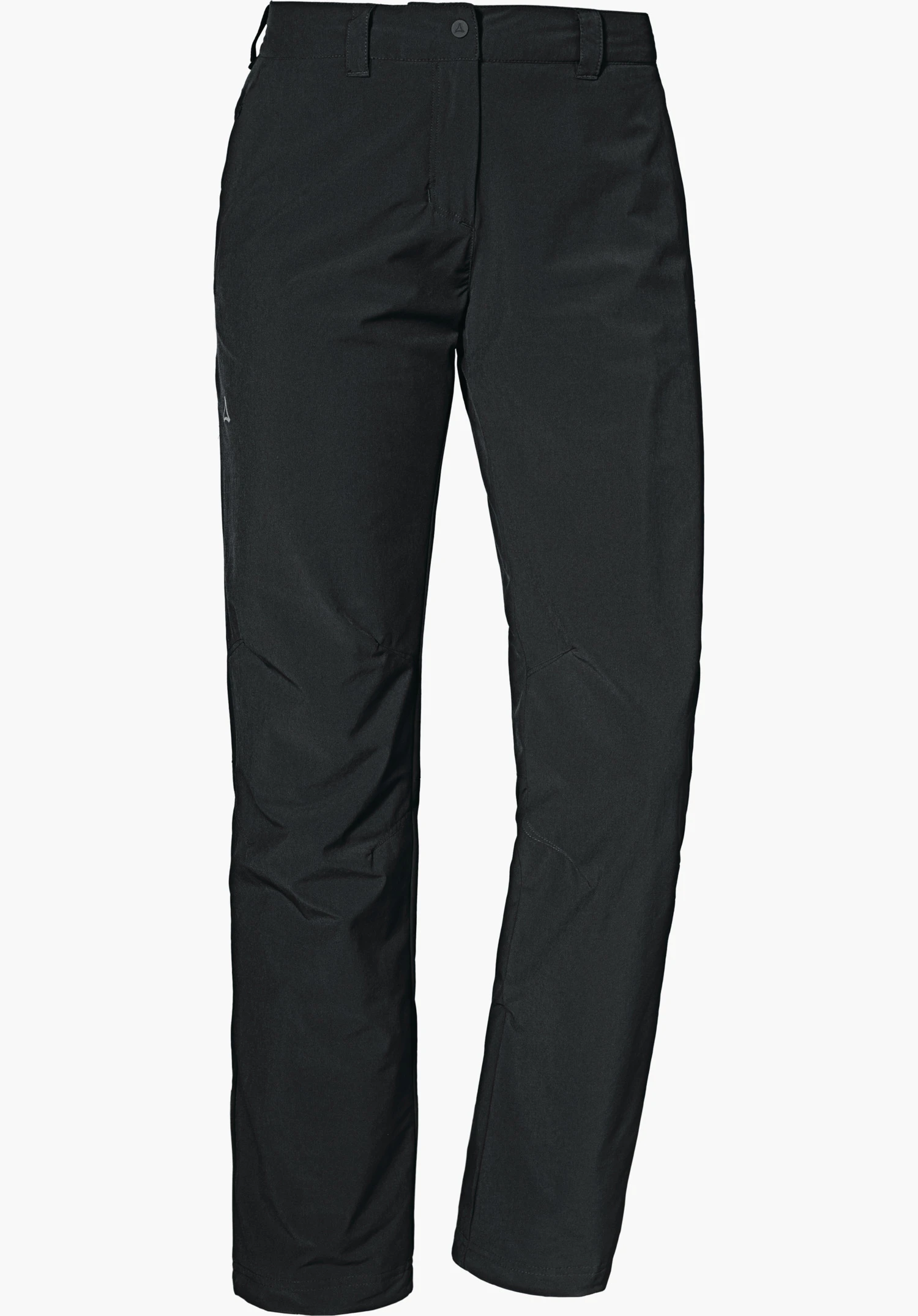 Pants Engadin1 Warm L black hiking trousers with straight cut, Schöffel logo on waistband and thigh, two hand pockets; presented on a neutral white background.