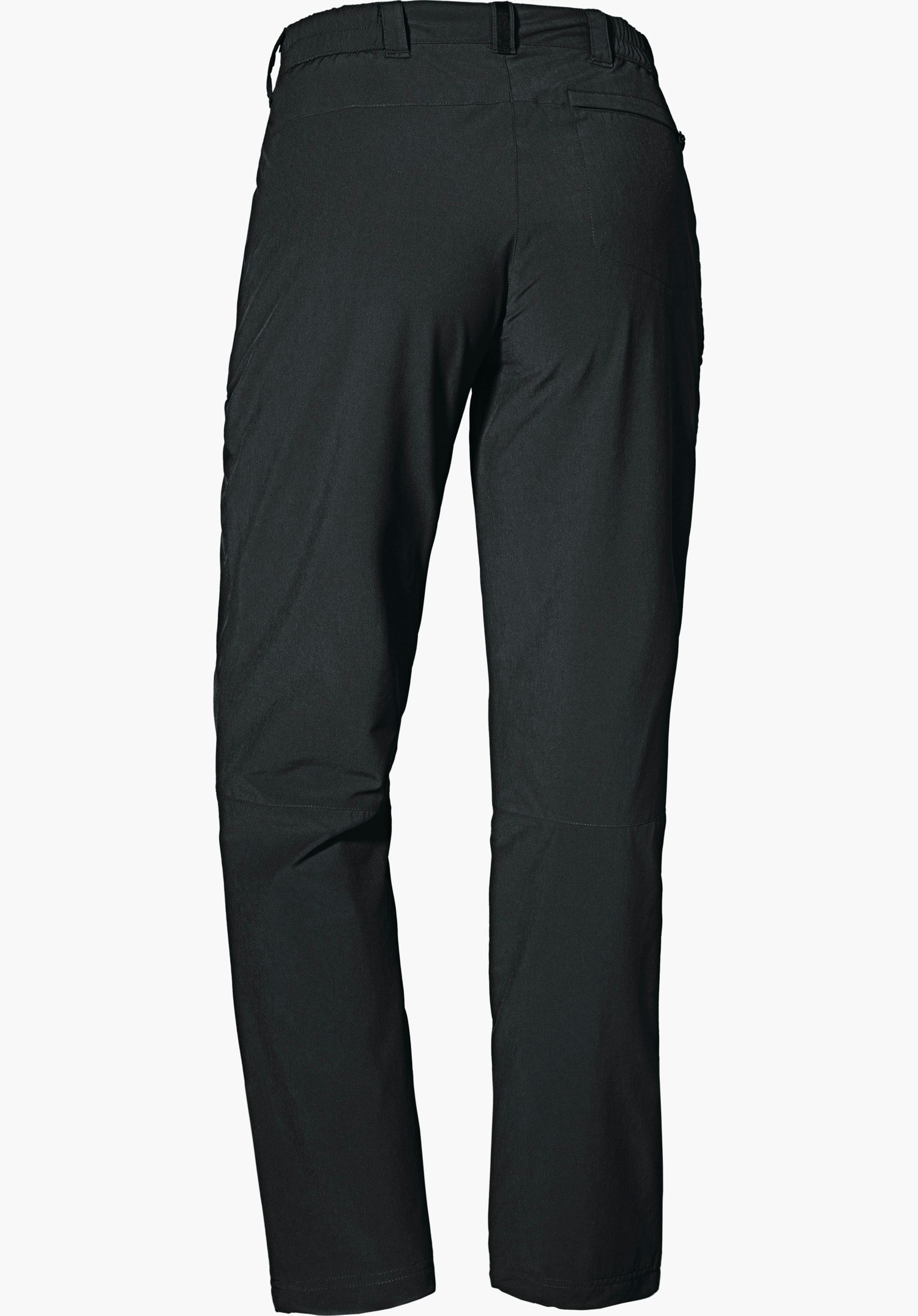 Pants Engadin1 Warm L black outdoor trousers, rear view, hanging straight, with belt loops and back pocket, on a white background.