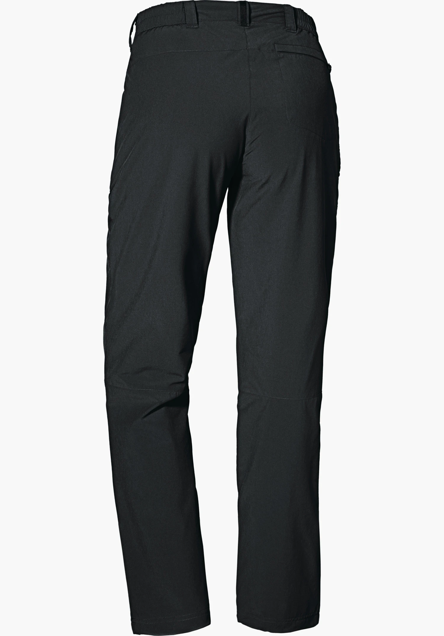 Pants Engadin1 Warm L schwarze Outdoorhose, Rückansicht, gerade herabfallend, mit Gürtelschlaufen und Gesäßtasche, auf weißem Hintergrund.