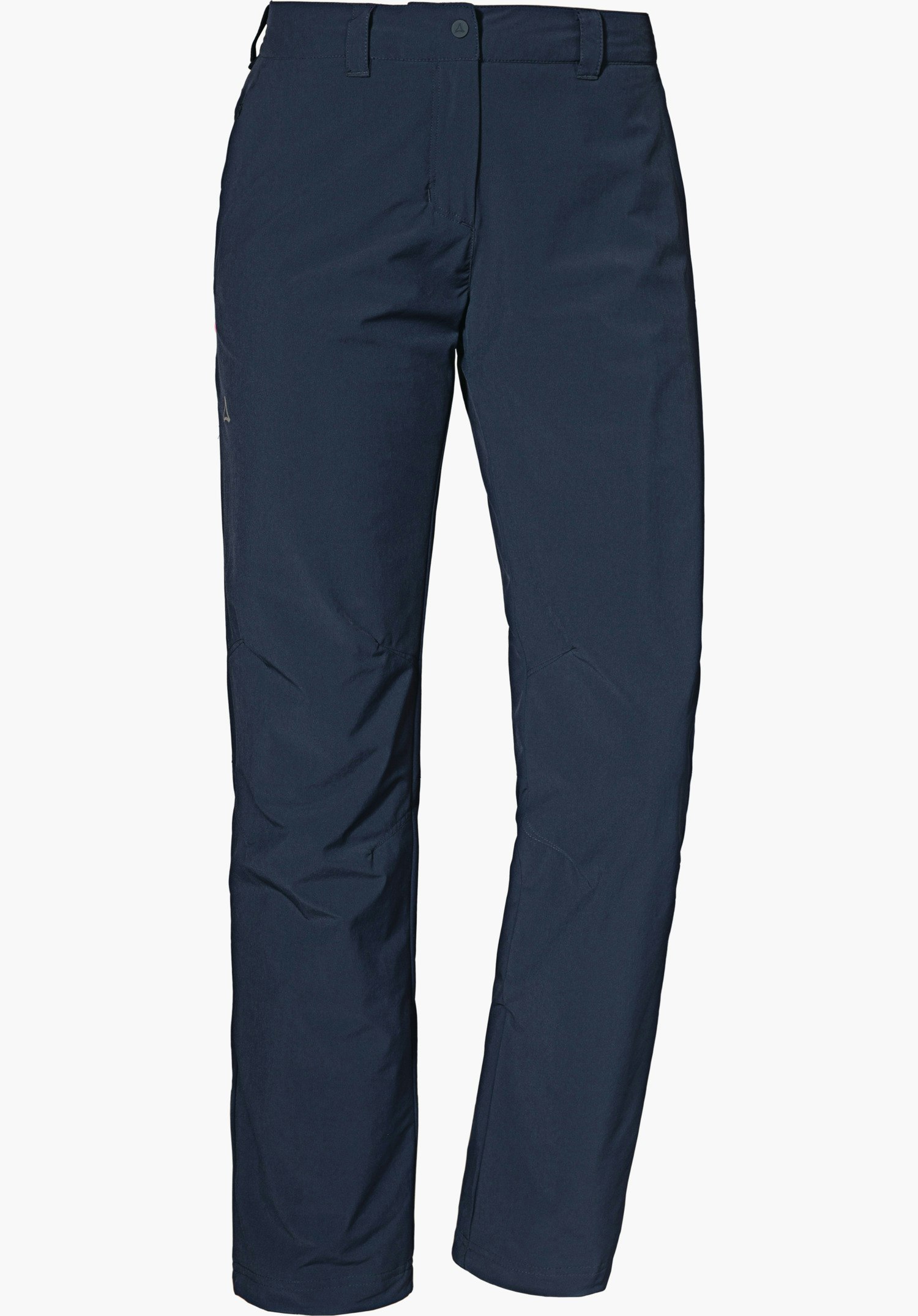 Pants Engadin1 Warm L pantalon de randonnée bleu foncé, présenté de face, coupe droite avec ceinture, passants et bouton; logo Schöffel à la ceinture; sur fond blanc.