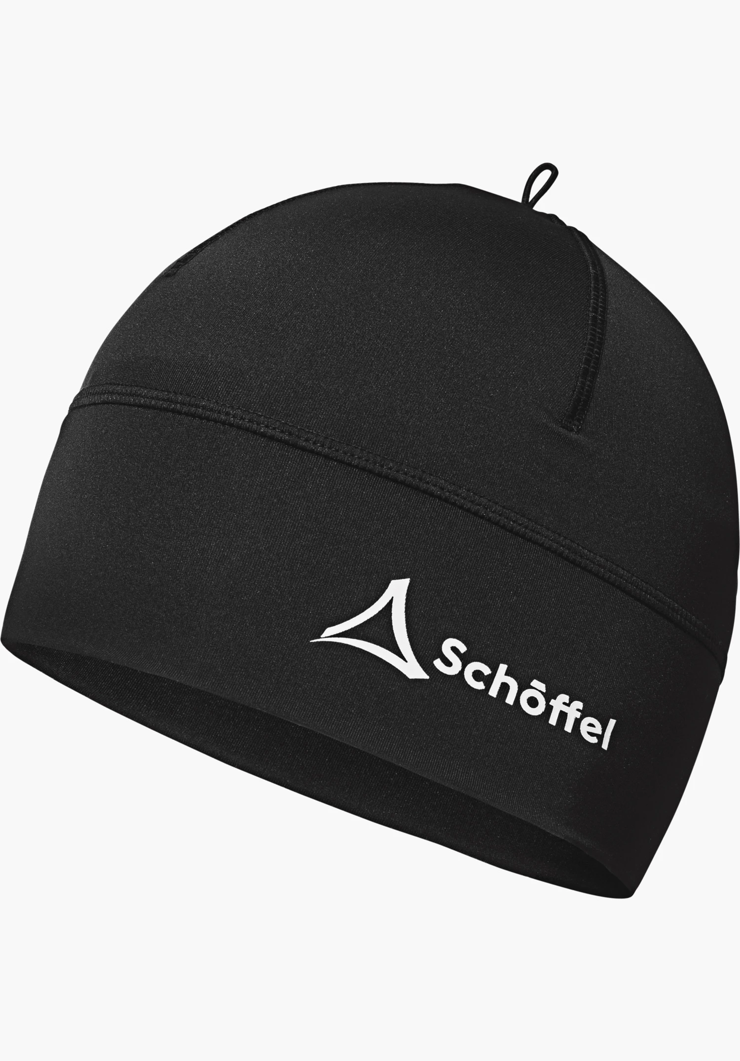 Hat Cristanas Schwarze Mütze aus Jerseystoff mit Schöffel-Logo; liegt leicht geneigt, weiße Aufschrift "Schöffel", freigestellt auf weißem Hintergrund.