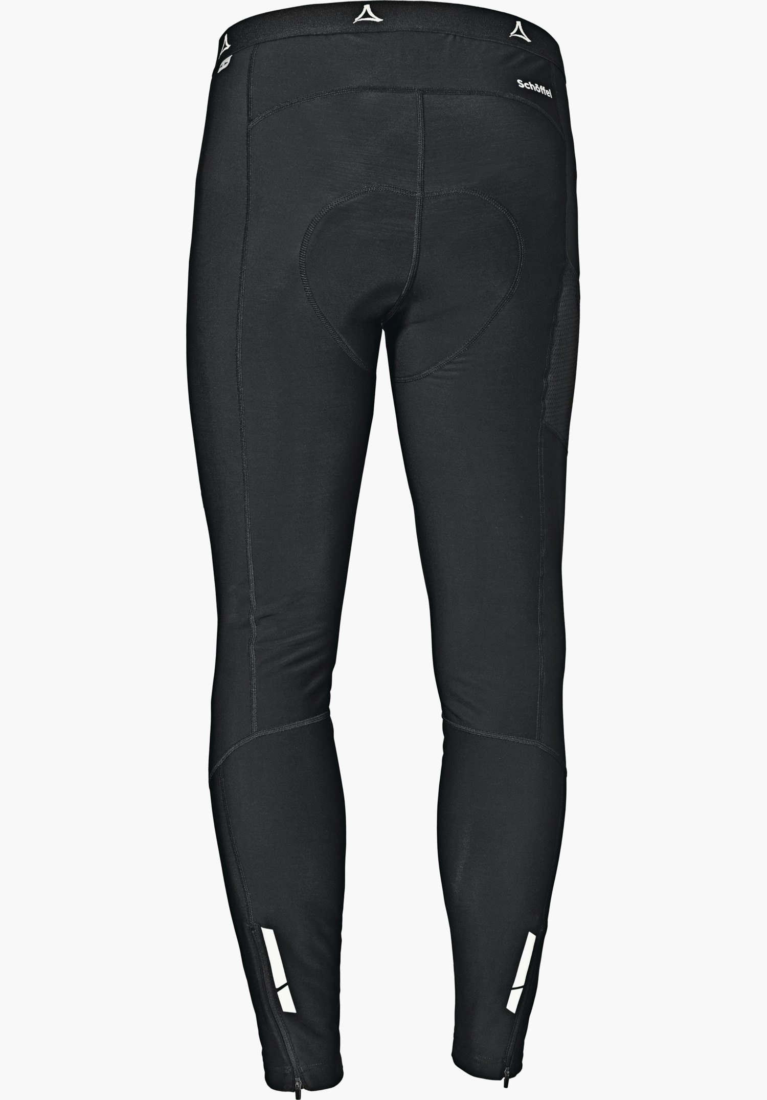 Skin Pants Warm 4h M schwarze Radhose, von hinten betrachtet; Polsterung am Sitz, Reißverschlüsse an den Knöcheln, Schöffel-Logo und Schriftzug am Bund, weißer Hintergrund.
