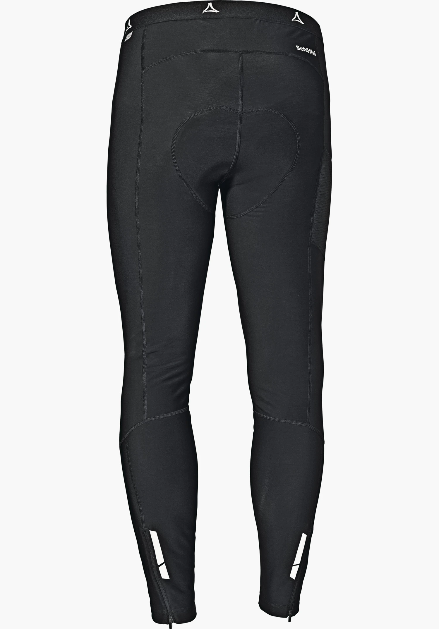 Skin Pants Warm 4h M schwarze Radhose, von hinten betrachtet; Polsterung am Sitz, Reißverschlüsse an den Knöcheln, Schöffel-Logo und Schriftzug am Bund, weißer Hintergrund.