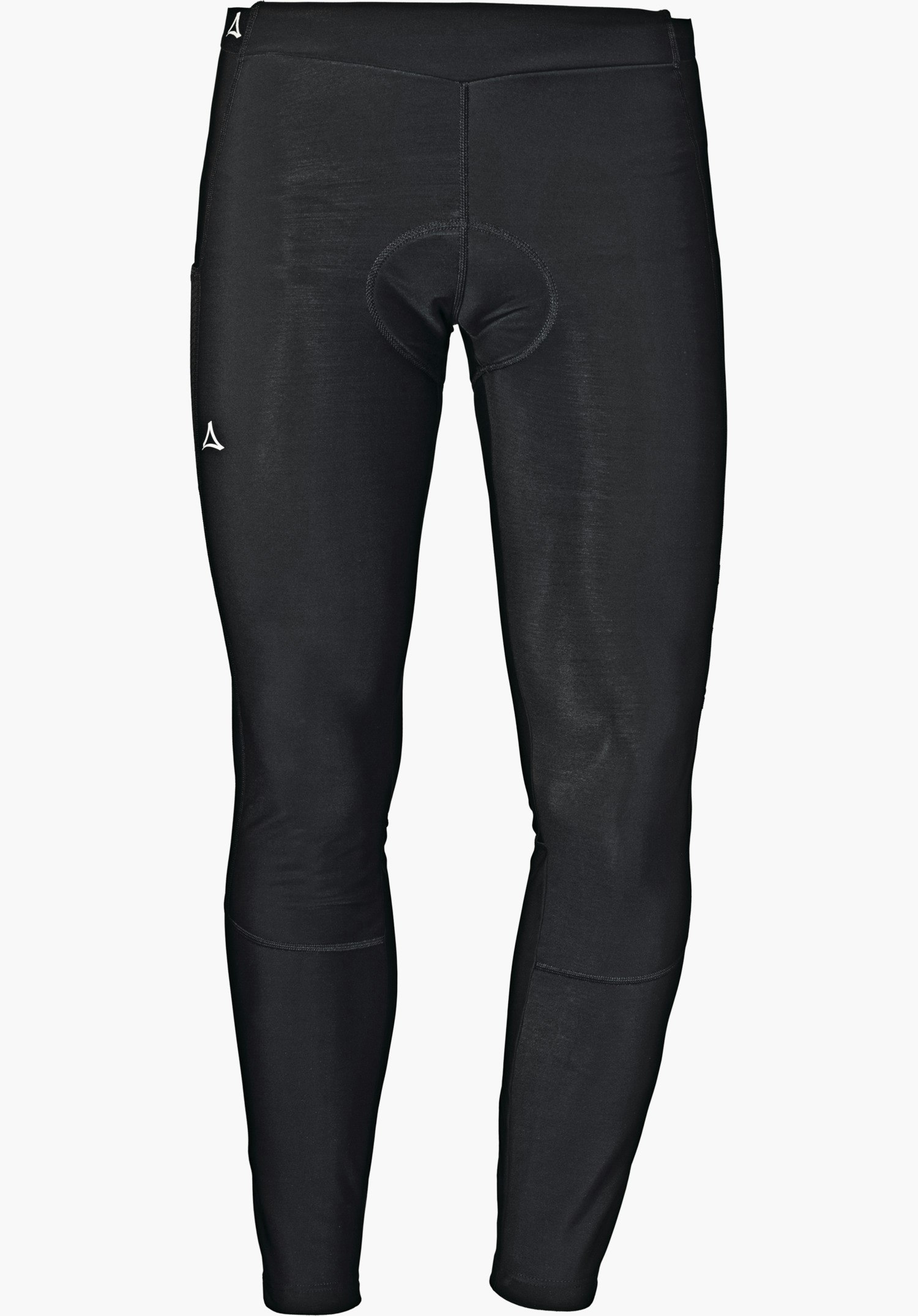 Skin Pants Warm 4h M Schwarze, enganliegende Radhose mit Polster im Schritt, hängend vor weißem Hintergrund; Schöffel-Logo an linkem Oberschenkel und am Bund.