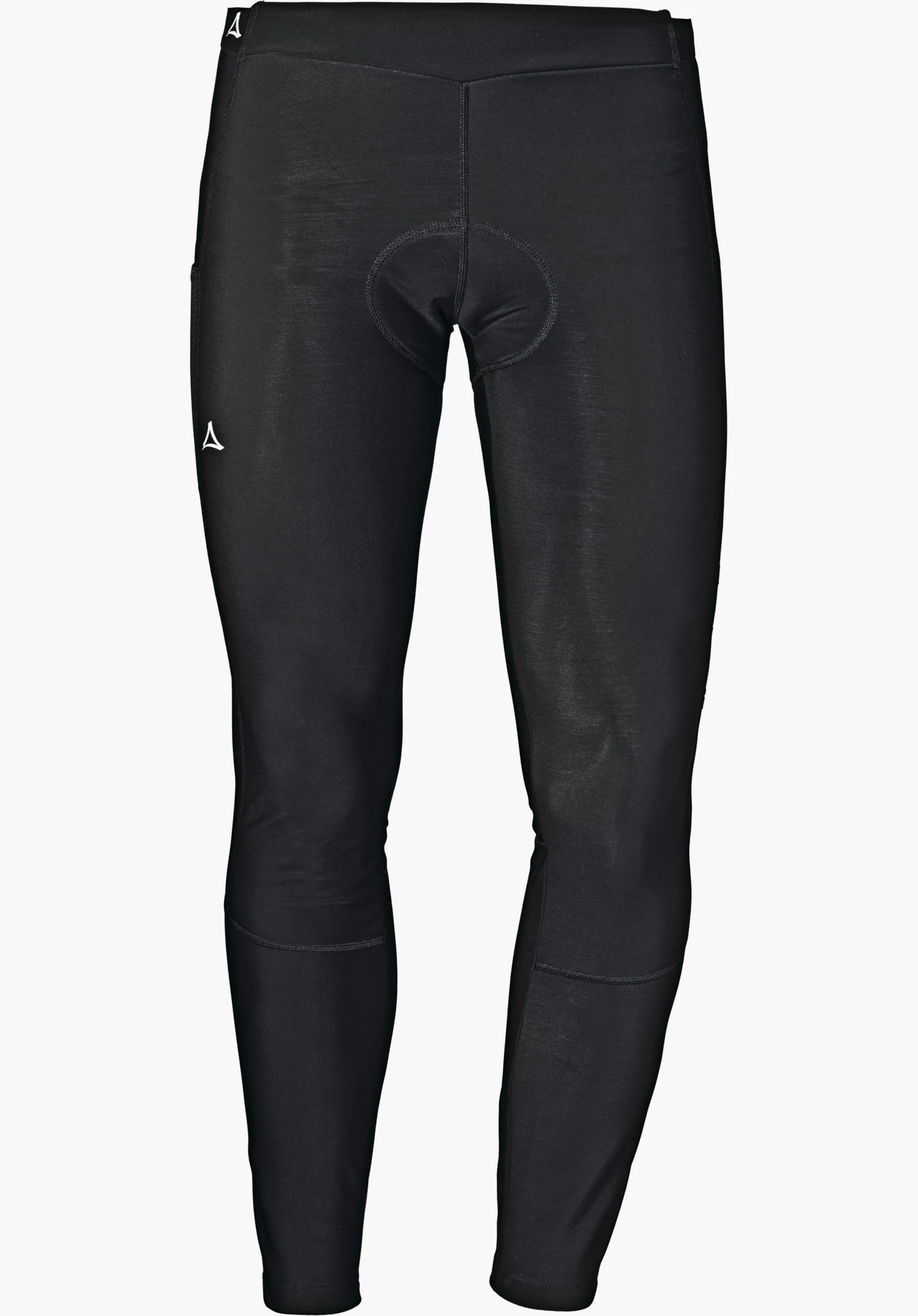 Skin Pants Warm 4h M Schwarze, enganliegende Radhose mit Polster im Schritt, hängend vor weißem Hintergrund; Schöffel-Logo an linkem Oberschenkel und am Bund.